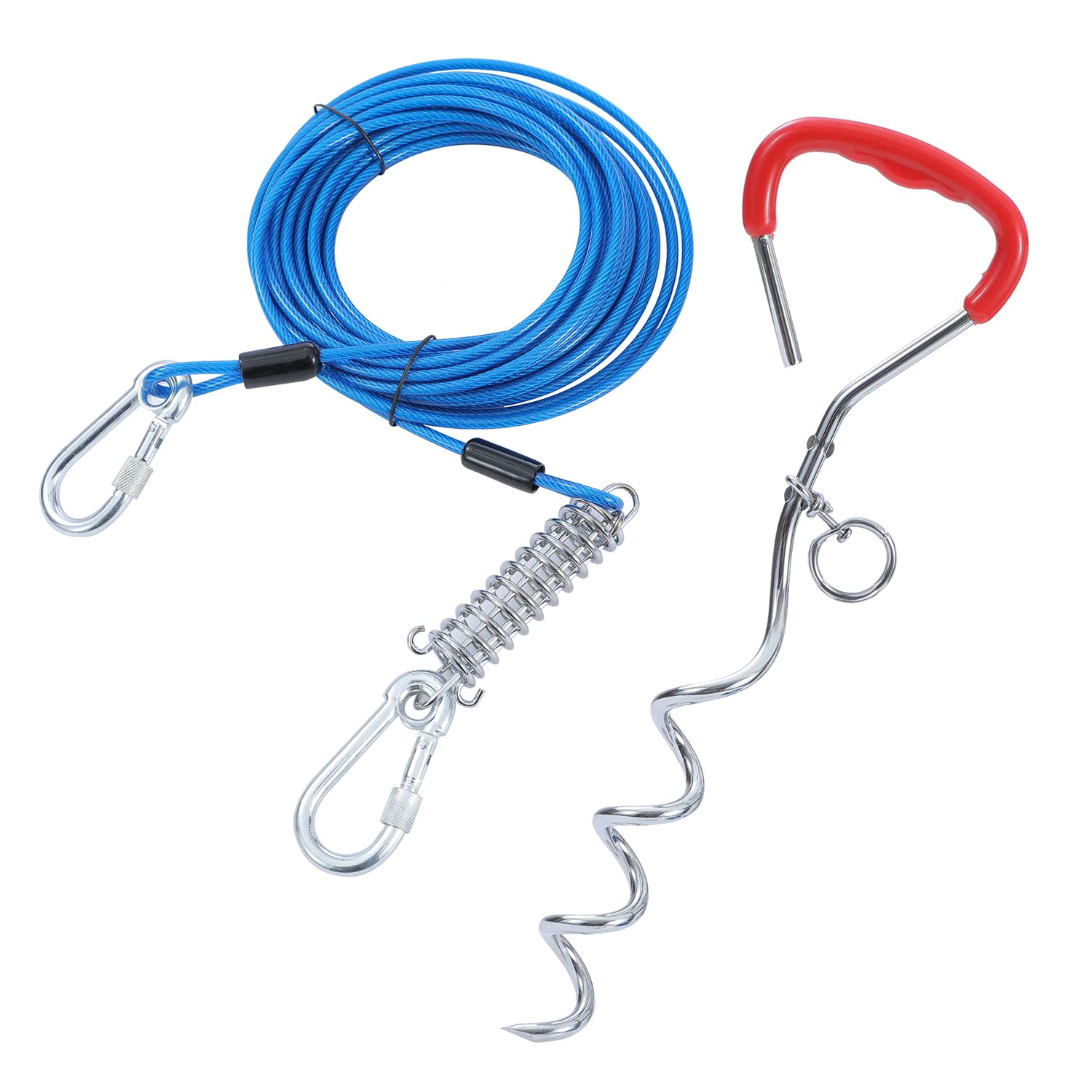 TOPWAY Câble d'attache pour Chien 10m et Piquet en Spirale de 42cm, Chien Cravate Câble pour Le Camping en Plein Air, Bleu + Rouge