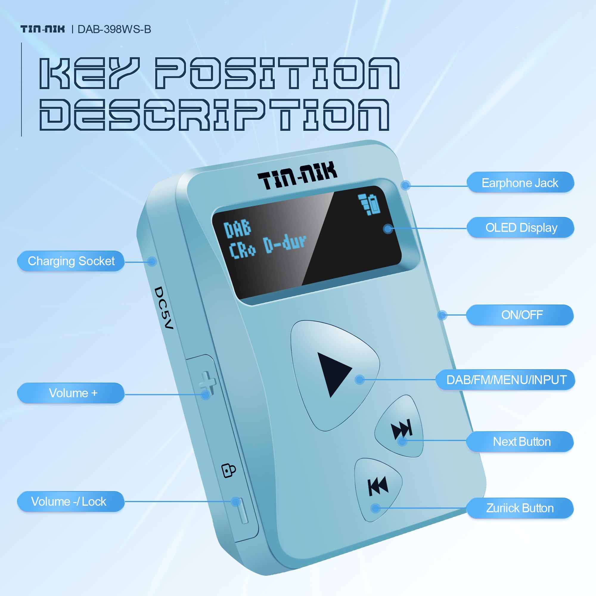 Tin-Nik DAB-398WS-SB Radio portable DAB/DAB+/FM, mini radio de poche numérique RDS-FM avec batterie rechargeable, écouteurs, choix de petits et grands