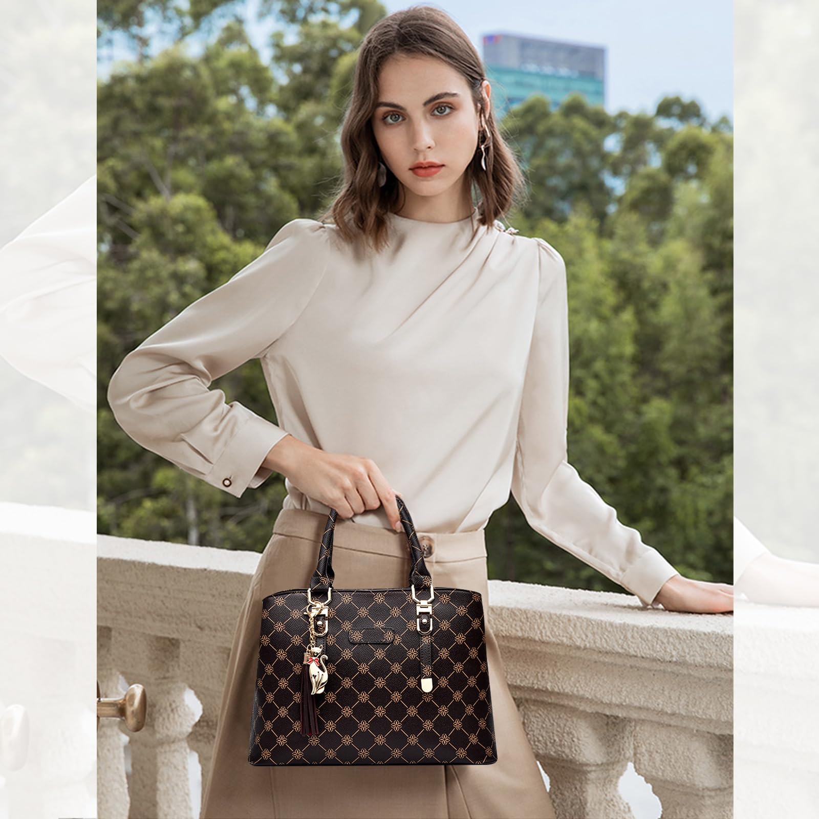 NICOLE & DORIS Borsa Mano Donna Borsa a Tracolla Borsa Donna Elegante Borse Tote Media Borse a Spalla in PU Pelle Borsetta da Giorno con Ciondolo Beige con Marrone