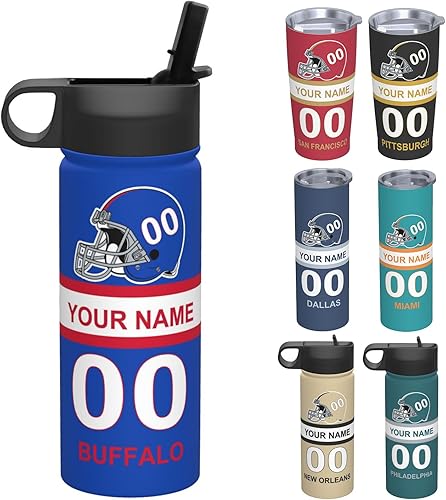 Botellas de agua personalizadas para deportes de fútbol con número de nombre, termos de acero inoxidable personalizados de 18 onzas con pajita,