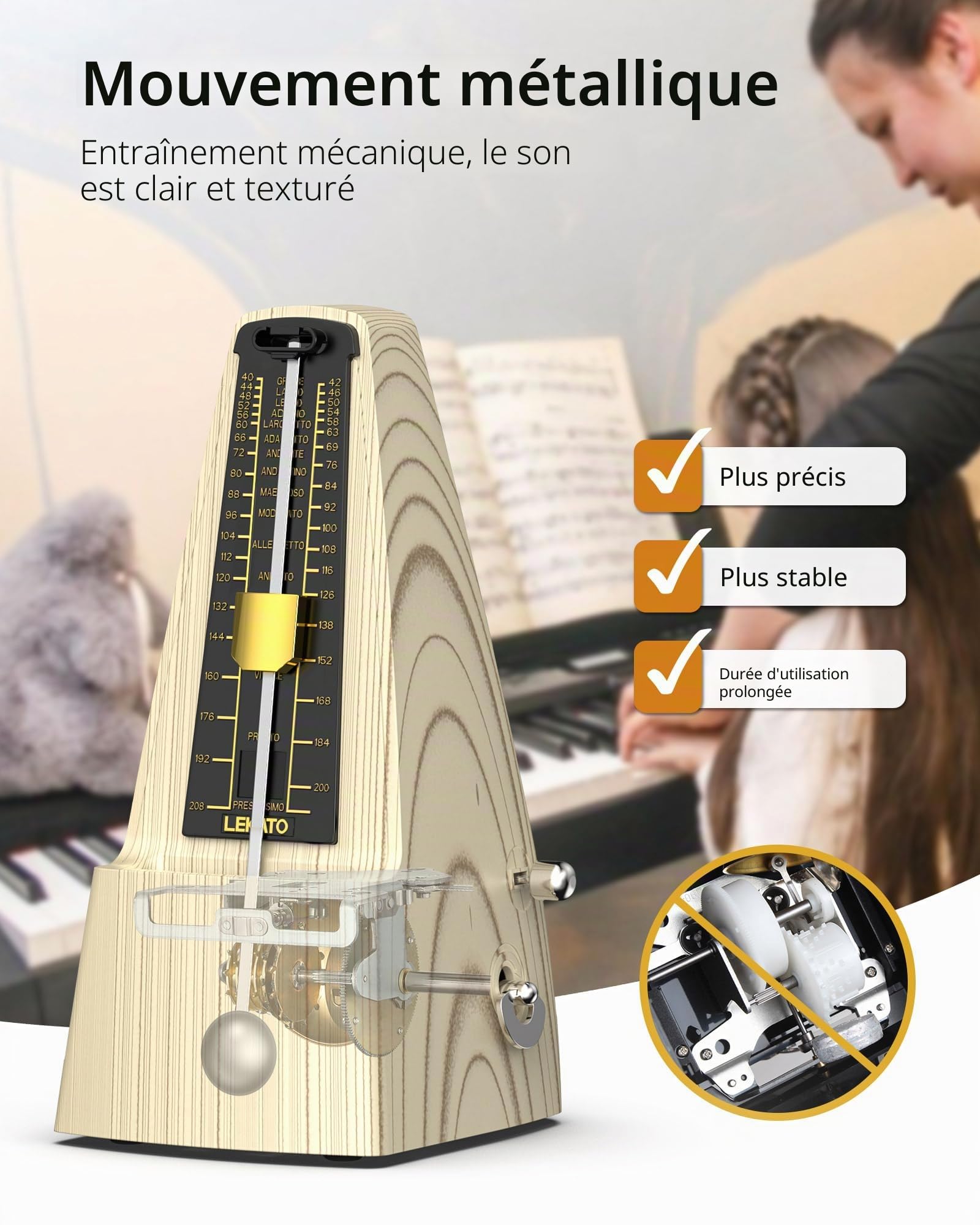 Métronome mécanique avec mouvement en métal, métronome universel LEKATO pour piano, batterie, guitare, ukulélé, violon, saxophone, look classique, facile à utiliser, son fort, pas besoin de piles
