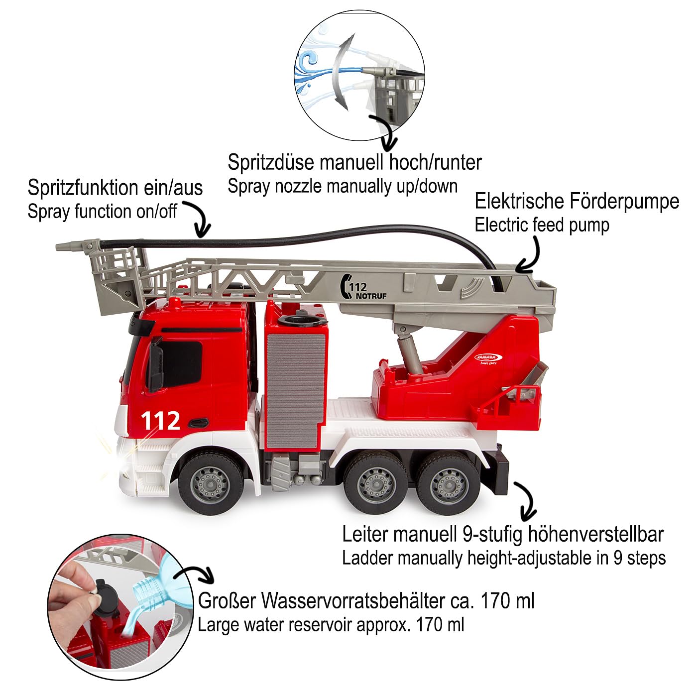 JAMARA 407300 drabina obrotowa Mercedes-Benz Antos 1:26 2,4 GHz – z funkcją natryskiwania, zabawka strażacka od 6 lat, zdalnie sterowana, zabawki RC, prezent, obrót wieży