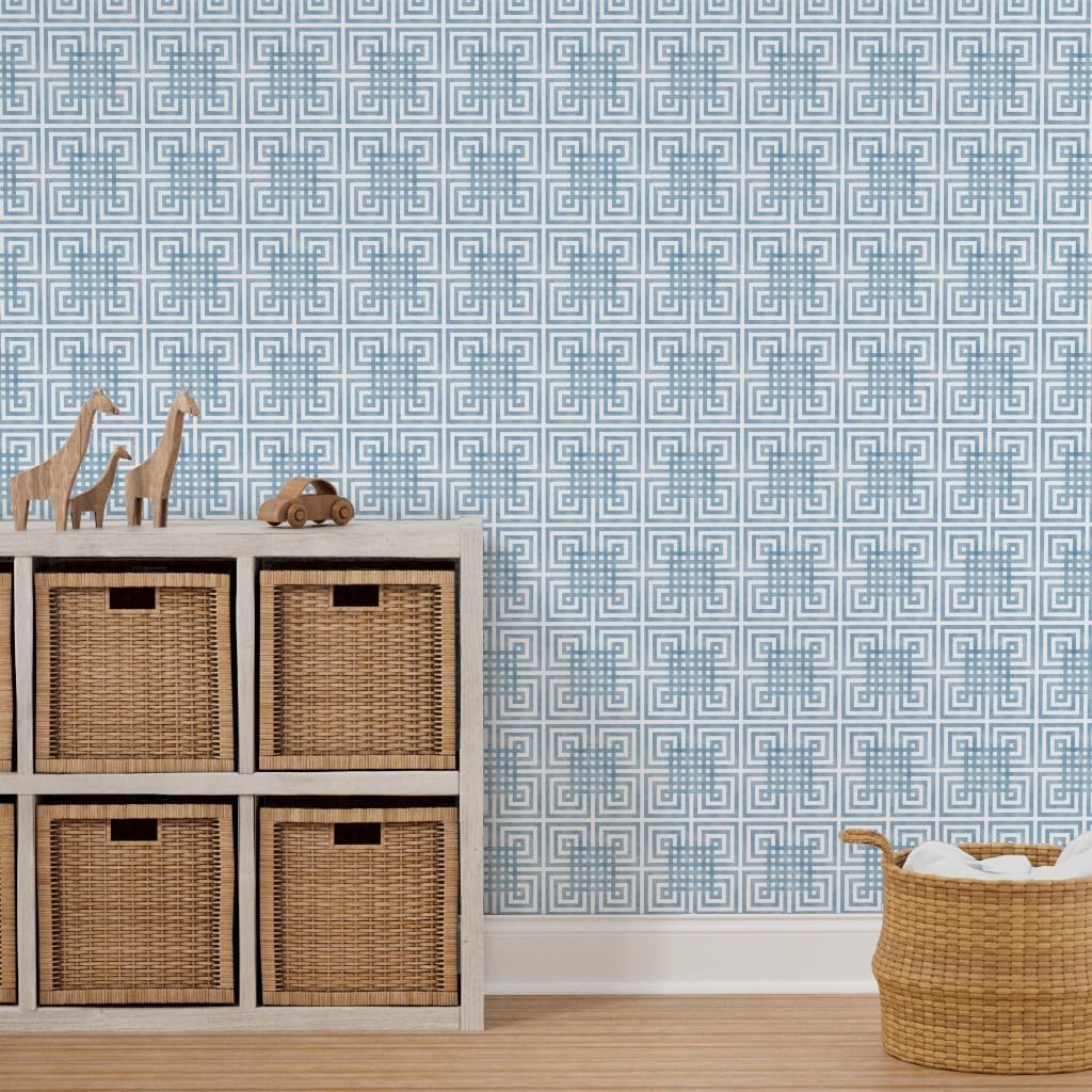 Spoonflower Peel & Stick Wallpaper 3ft x 2ft - Grid Blue Asian Plaid Geometric Greek Key Abstract Custom Removable Wallpaper