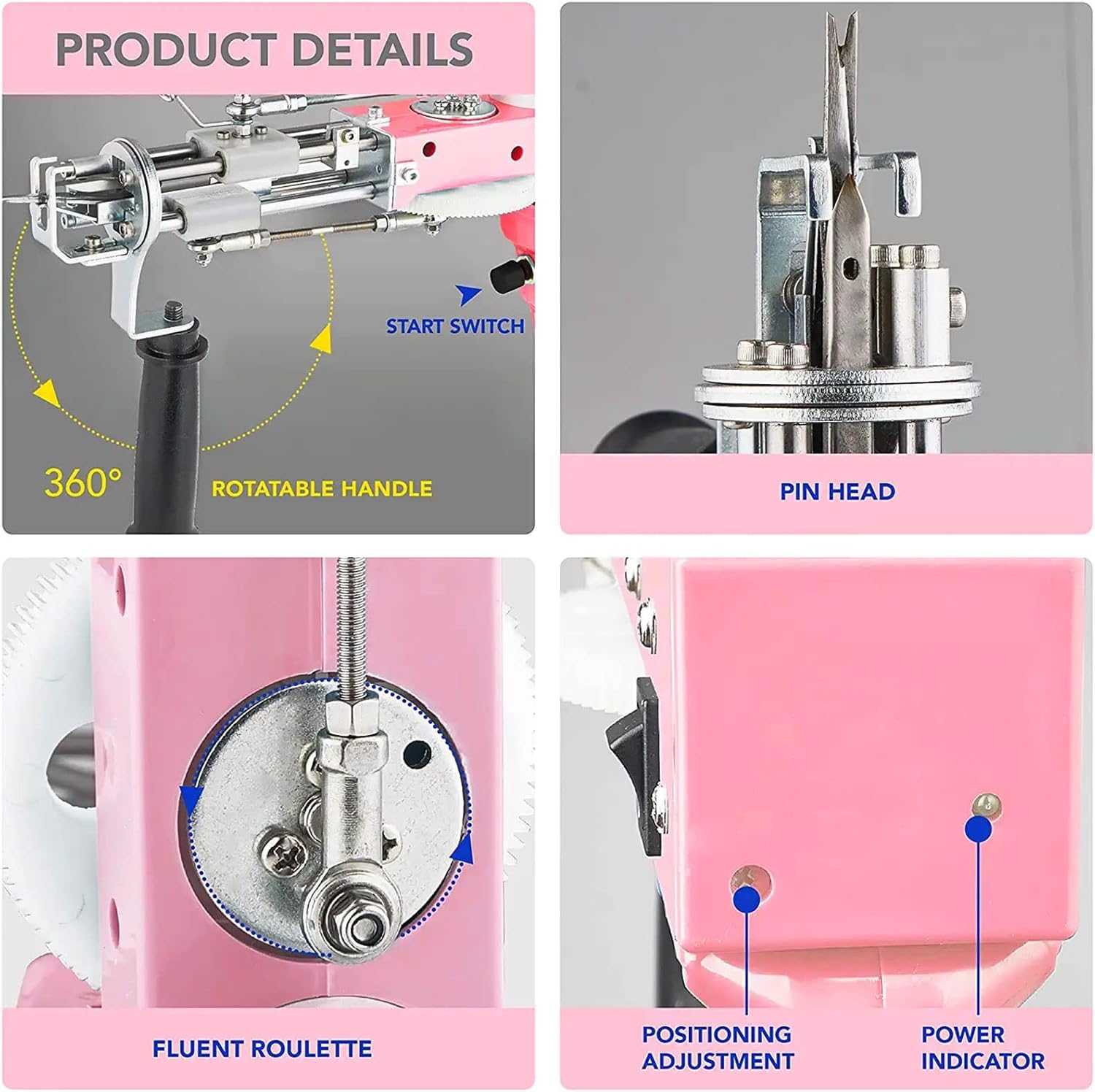 Tufting Gun 2 en 1,Pistola Tufting 5-40 Etapas/S Pistola de Tufting Eléctrica 7-21 mm Ajustable Máquina de Tejer Alfombras para Navidad Artesanía Alfombra Ropa Rosa