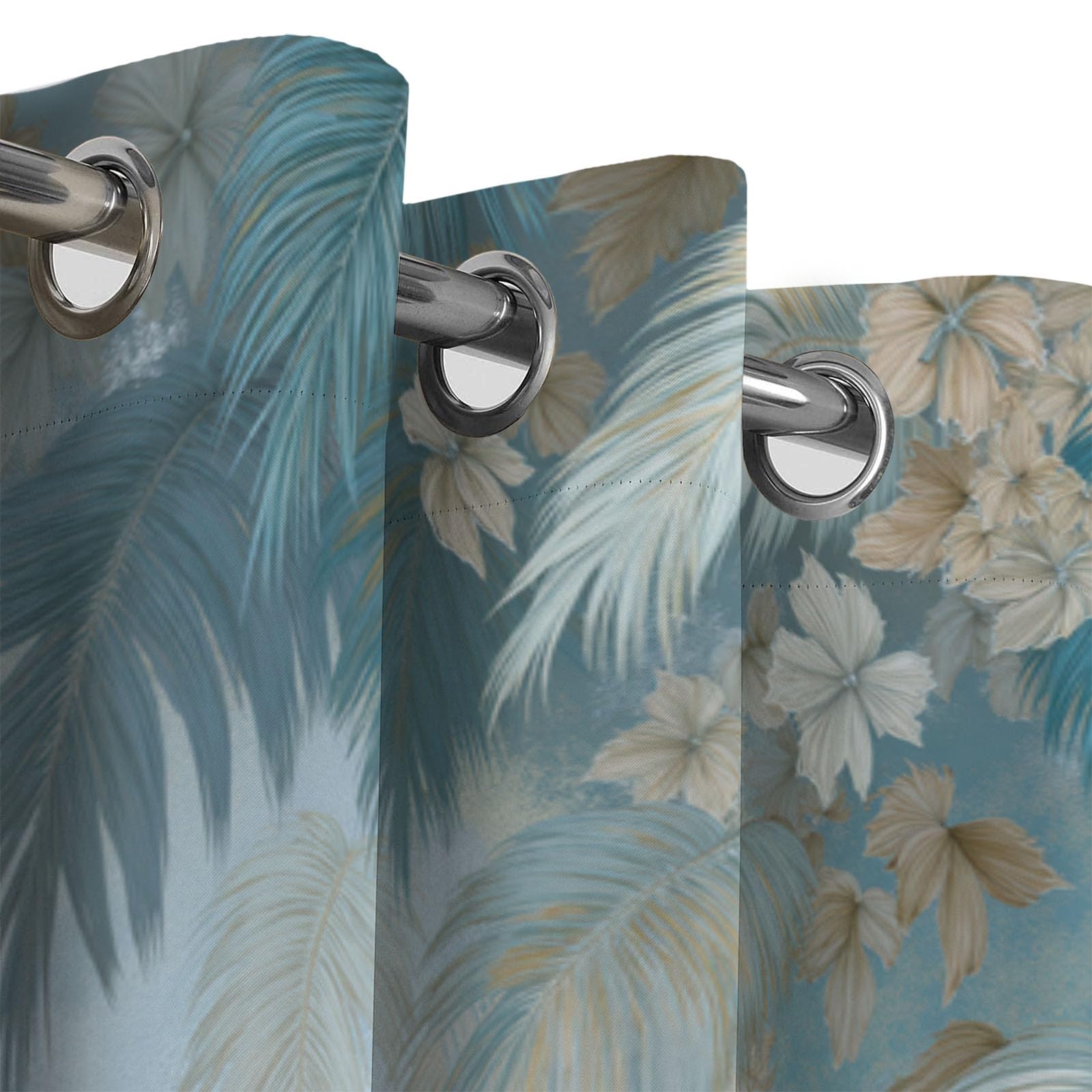 Hojas Tropicales Cortinas Opacas De Hojas Palma Pequeñas Flores Blancas Salon Dormitorio Decoración De La Ventana, 2 Piezas Cortinas Ollaos Azul Hielo, Aislantes Frio Y Calo 140An X 175Al Cm