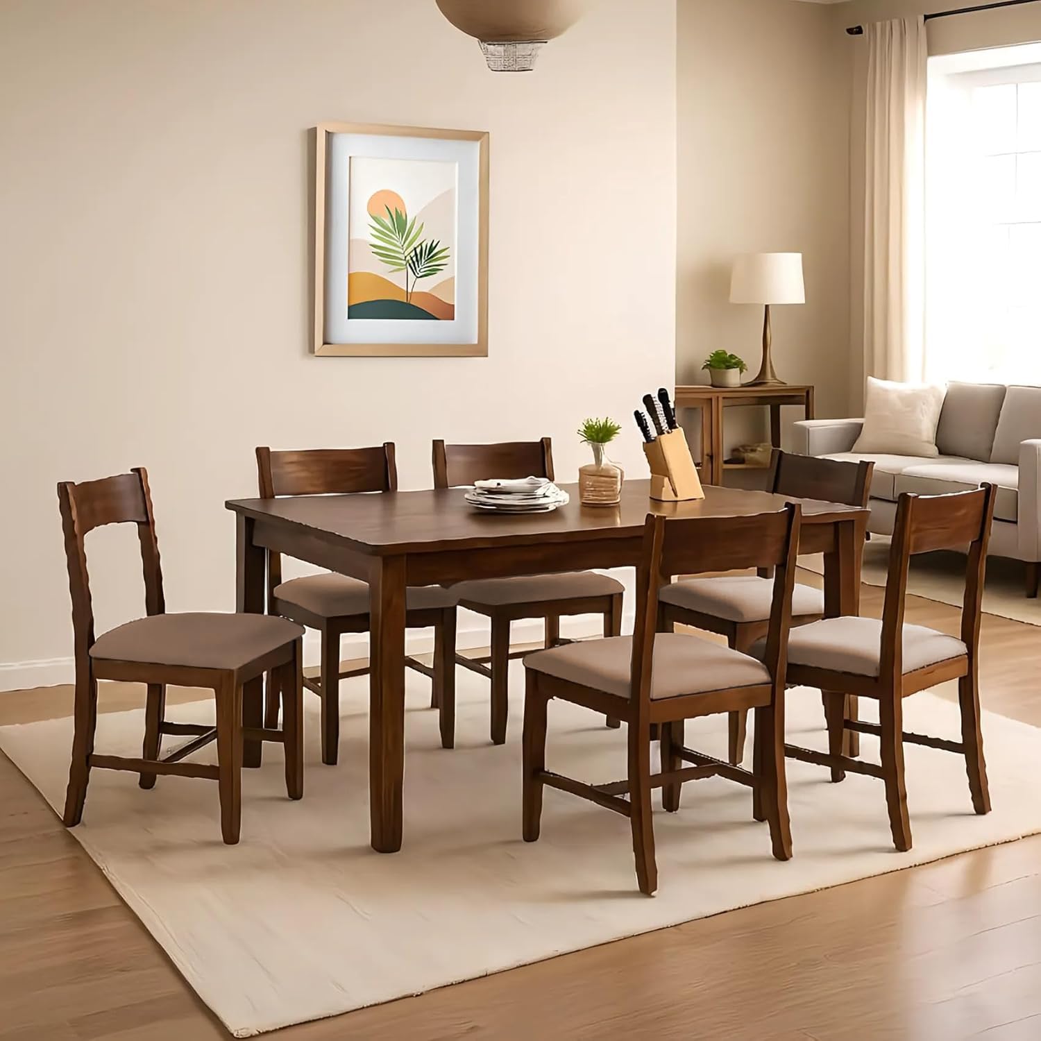 EXCEL HOME 7-Piece Dining Room Set, Solid Wood Table and 6 Chairs with Grey Cushions, Dark Brown-image-45