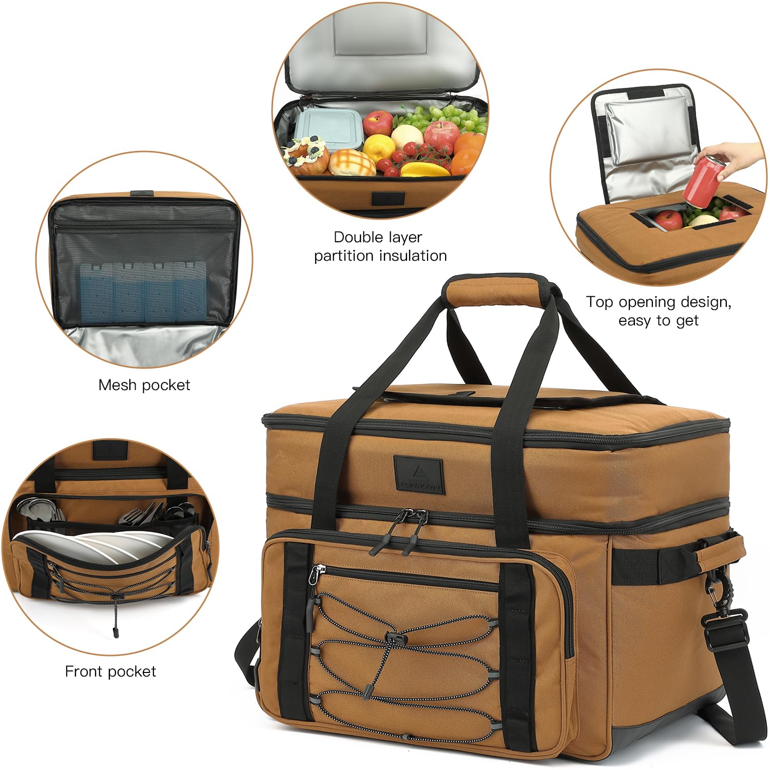 Enfriador portátil con ruedas extra grande para 85 latas, doble cubierta, resistente con ruedas todo terreno, a prueba de fugas, táctico de lados suaves para playa, campamento, picnic, viajes, marrón 3