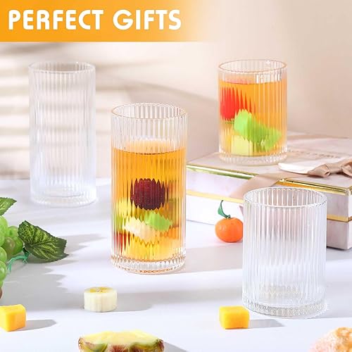 Miniatura 5 de Zhehao Juego de 12 Copas de Vidrio Acanaladas para Beber de 9 oz y 12 oz, Copas de Vidrio Cristalería Vintage, Copa de Cóctel Acanalada Transparente
