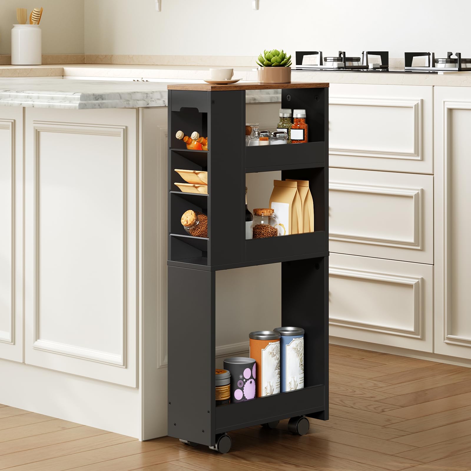 HOOBRO Carro Estrecho de 4 Niveles, 40 x 15 x 85,5 cm, con 4 Ruedas Giratorias Bloqueables, para Espacio Pequeño, Cocina, Baño, Sala de Estar, Negro y Marrón Rústico EBF84TC01