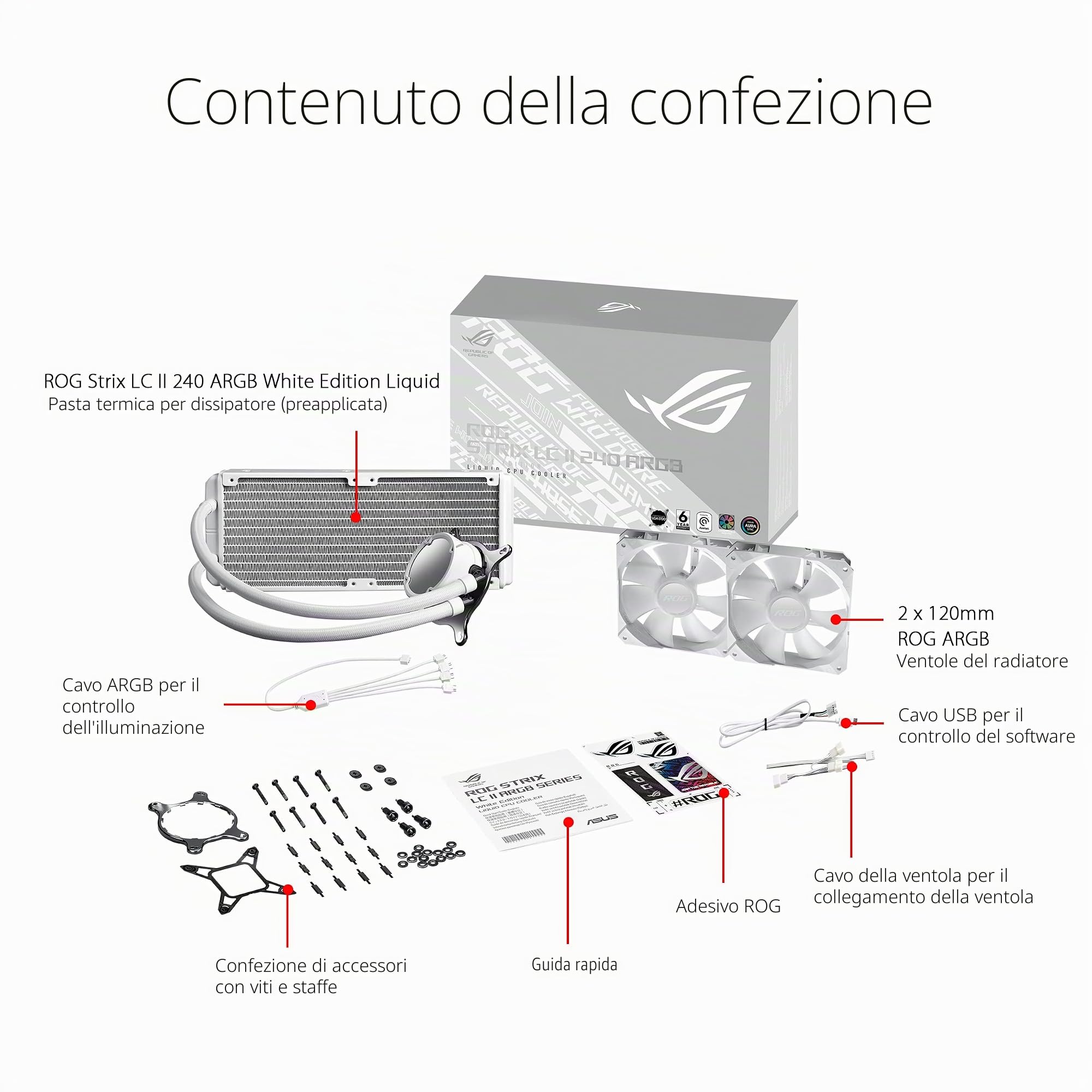 ASUS ROG Strix LC II 240 ARGB White Edition Raffreddatore CPU a liquido all-in-one con Aura Sync, supporto Intel LGA 1700 e AMD AM5/AM4/TR4 e 2 ventole ROG RGB da 120 mm indirizzabili, Bianco
