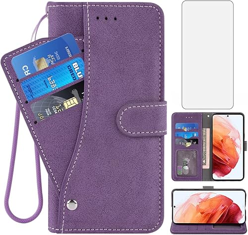 Asuwish Compatible con Samsung Galaxy S22 5G - Funda tipo cartera y protector de pantalla de vidrio templado, soporte para tarjetas de crédito,