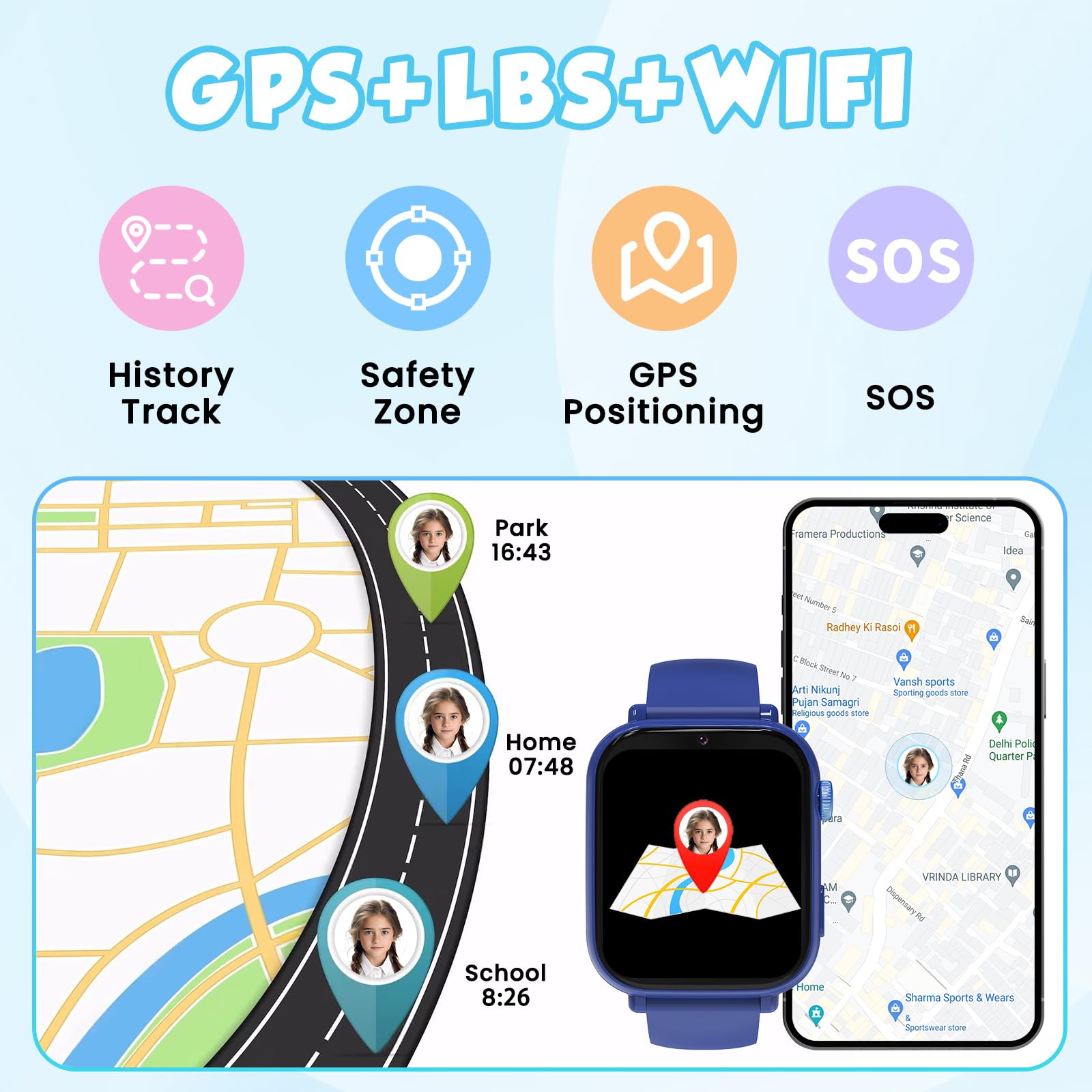 Smartwatch per Bambini GPS 4G, Orologio Bambino Bambina con Telefono, Videochiamata Chat Vocale Sveglia Contapassi Camera Modalità Classe Gioco, Smartwatch per Ragazza e Ragazzo 4-12 Anni Regalo, Blu