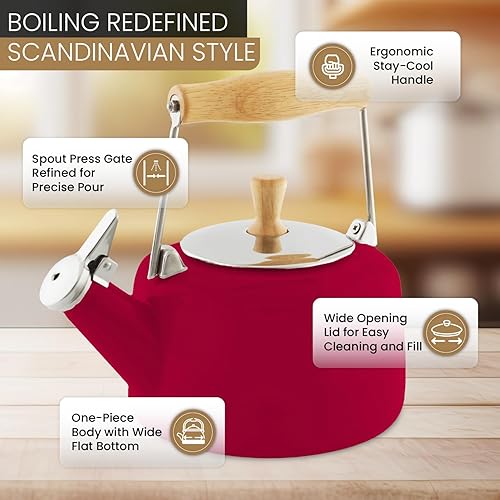 Miniatura 2 de Chantal SVEN - Tetera silbante esmaltada sobre acero con mango de madera natural, 1.4 cuartos de galón, color rojo manzana