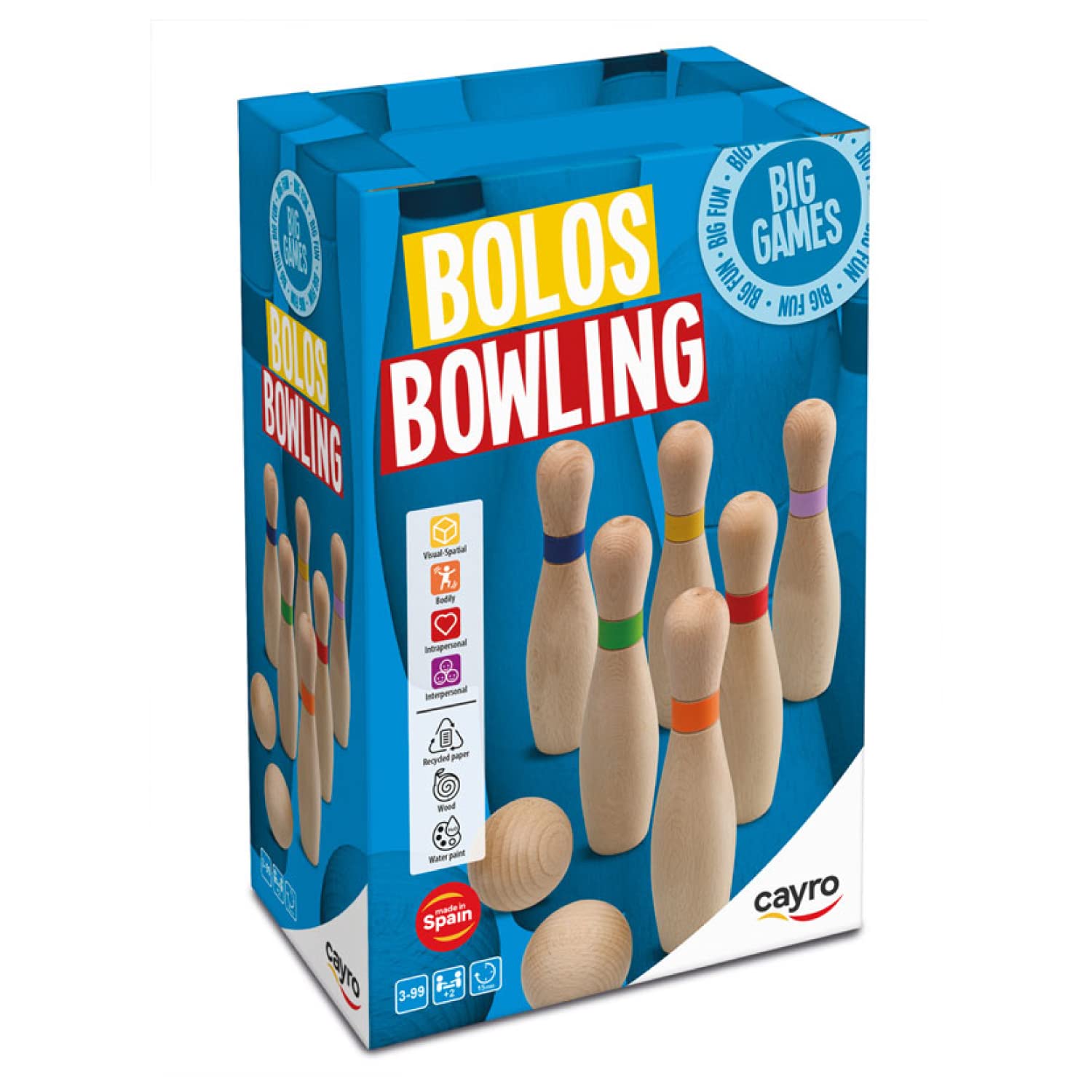 Cayro Bolos De Madera Tamaño Grande – Juego De Mesa Para 2 A 8 Jugadores – Incluye 6 Bolos Y 2 Bolas – Para Niños Y Adultos +3 Años
