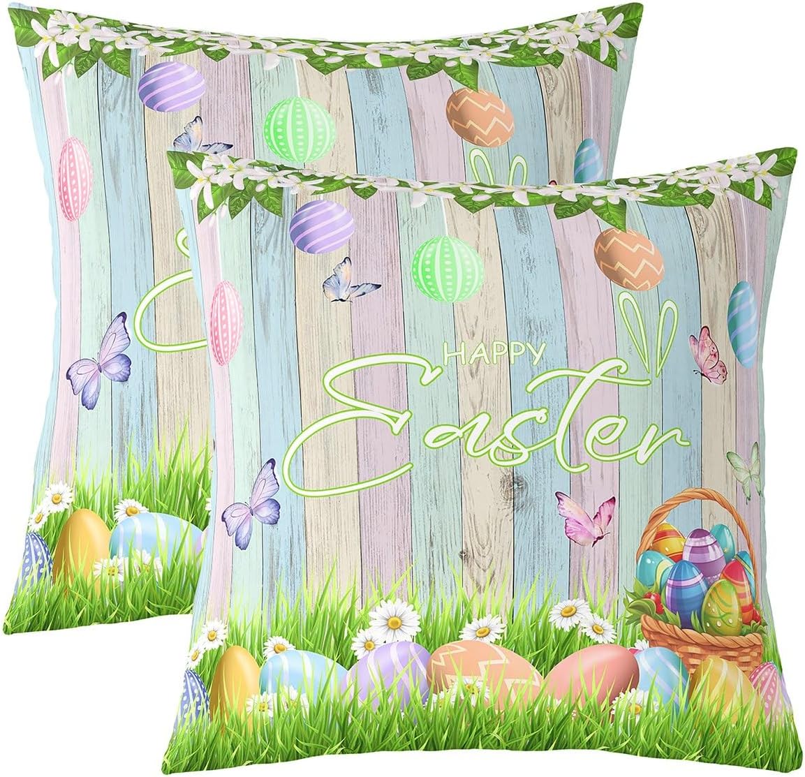 Lovely Rabbits Girls Pillow Covers 22x22 Inch Set of 2 Colorful Eggs Watercolor Butterfly Cushion Cases for Kids Teens Adults Wild Hippie Daisy Spring Rustic Cushion Covers for Couch Bedroom
