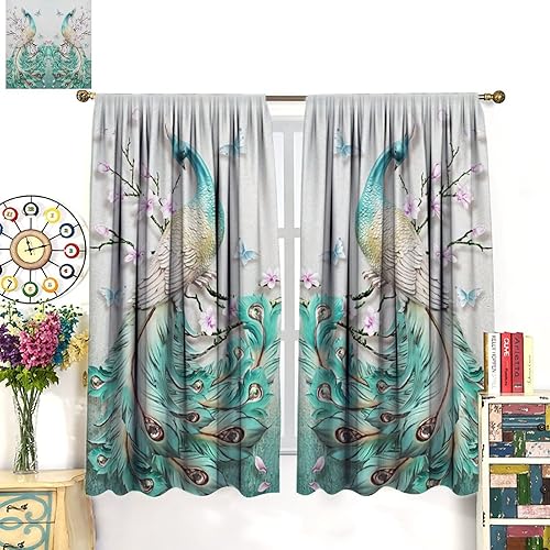 Miniatura 31 de Cortina opaca con estampado de pavo real, con estampado de animales retro, con bolsillo para cortinero y flores de peonía doradas, para dormitorio,