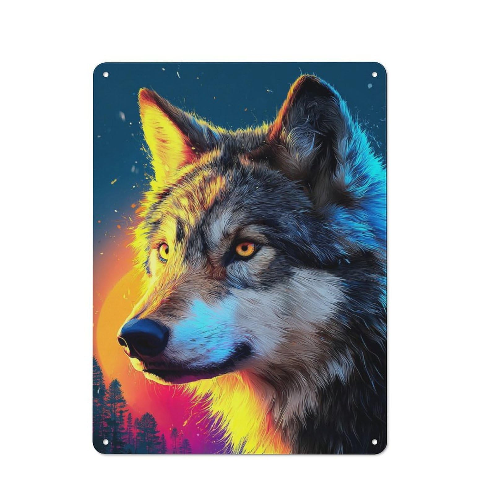 Junmoney Colorful Wolf Portrait Modern Retro Metal Wall Decor 40X30cm, Metal Wall Sign For Loft, Studio, Office Or Creative Room
