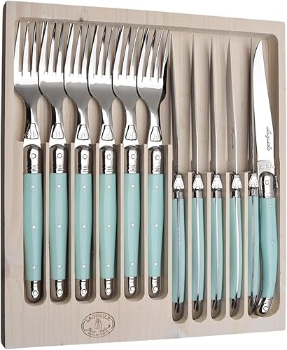 Jean Dubost Laguiole - Juego de cubiertos de 12 piezas, asas color turquesa, acero inoxidable resistente al óxido, incluye bandeja de madera,