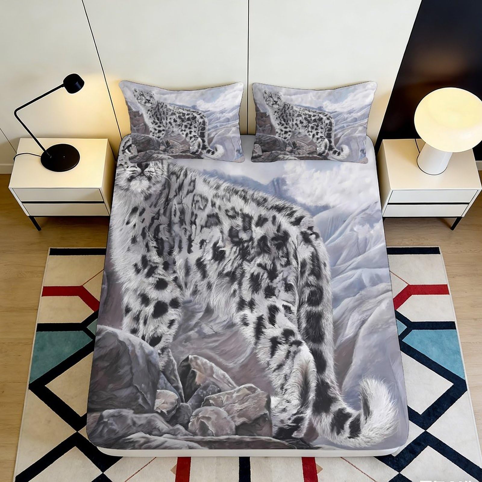 3D Printed Snow Leopard Fitted Sheet Microfiber Soft Breathable Mountain Landscape Bed Cover for Bedroom Dormitory Guest Room Mattress Protection 120x200x25cm