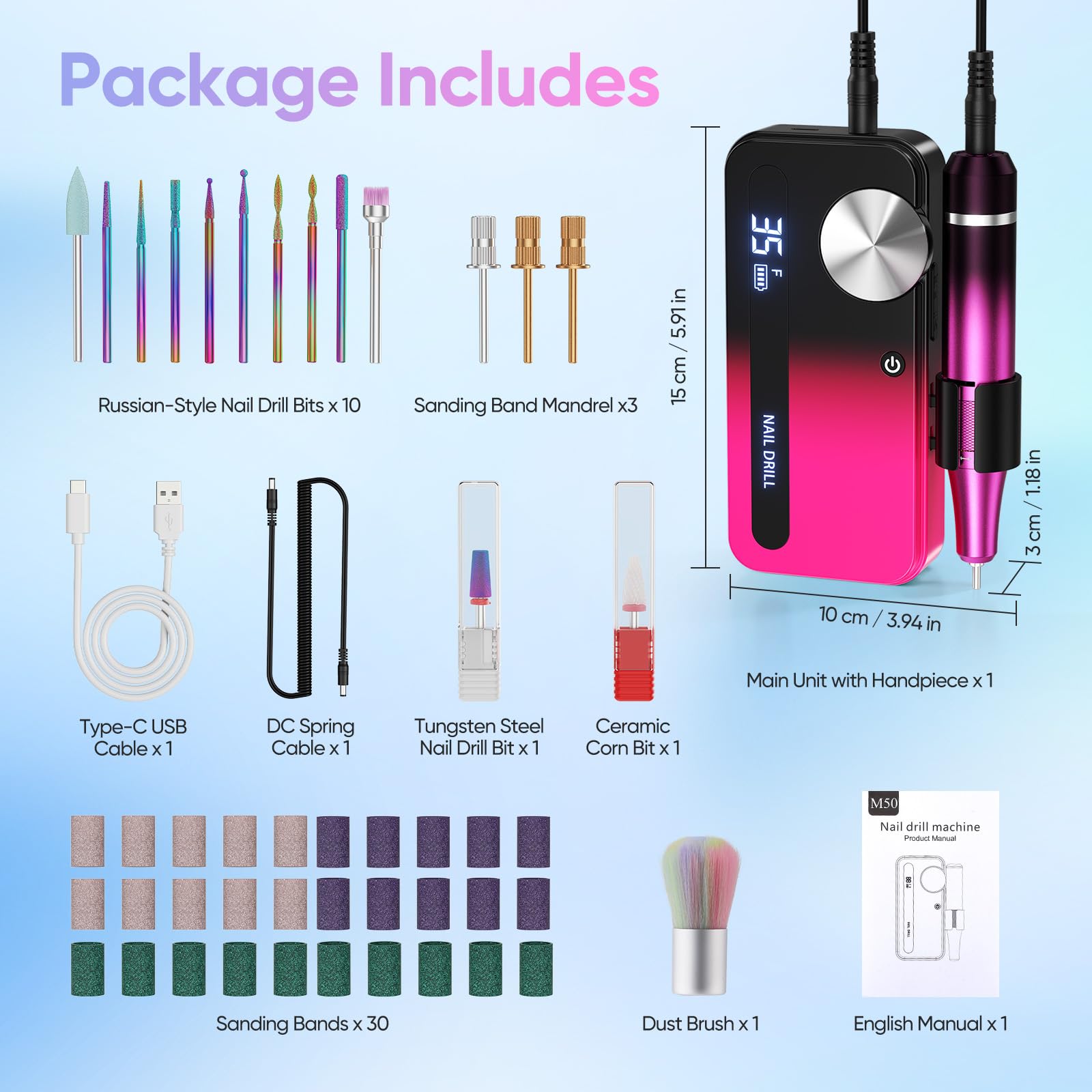 Taladro de uñas eléctrico con 12 accesorios de pulido y 30 bandas de lija, 0-35.000 rpm, set de manicura/pedicura para manicura y pedicura para cortar, limarlas, dar forma, cuidar las uñas y la