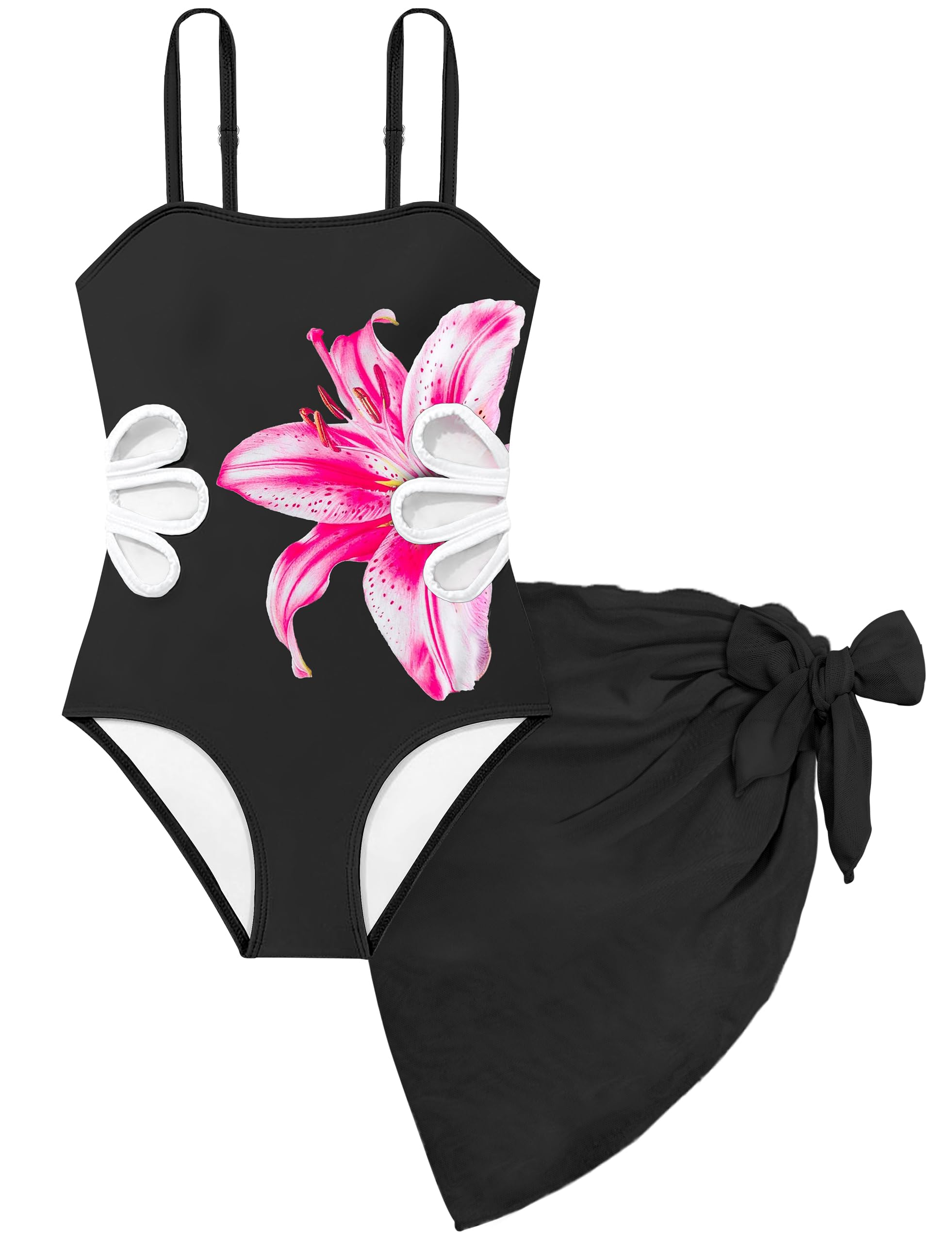 Girls Swimsuit Adjustable Straps Cut Out One Piece Bathing Suit with Solid Color Cover Up Skirt Girls' Swimwear 5-16Y