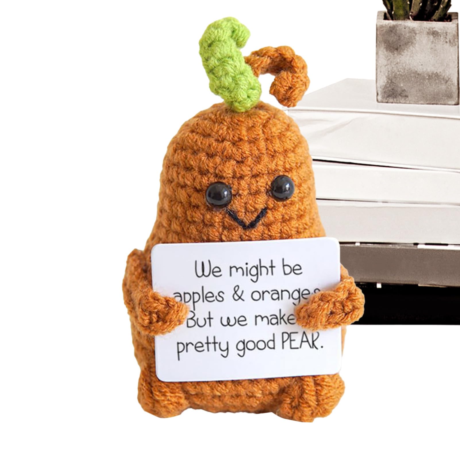 ZORQPositive Crochet Fruit | Pear Funny Knitted Positive Crochet Doll with Positive Card,Hand Woven Decorations, Collectible Dolls, Cheer up Gift for Friends for Encouragement