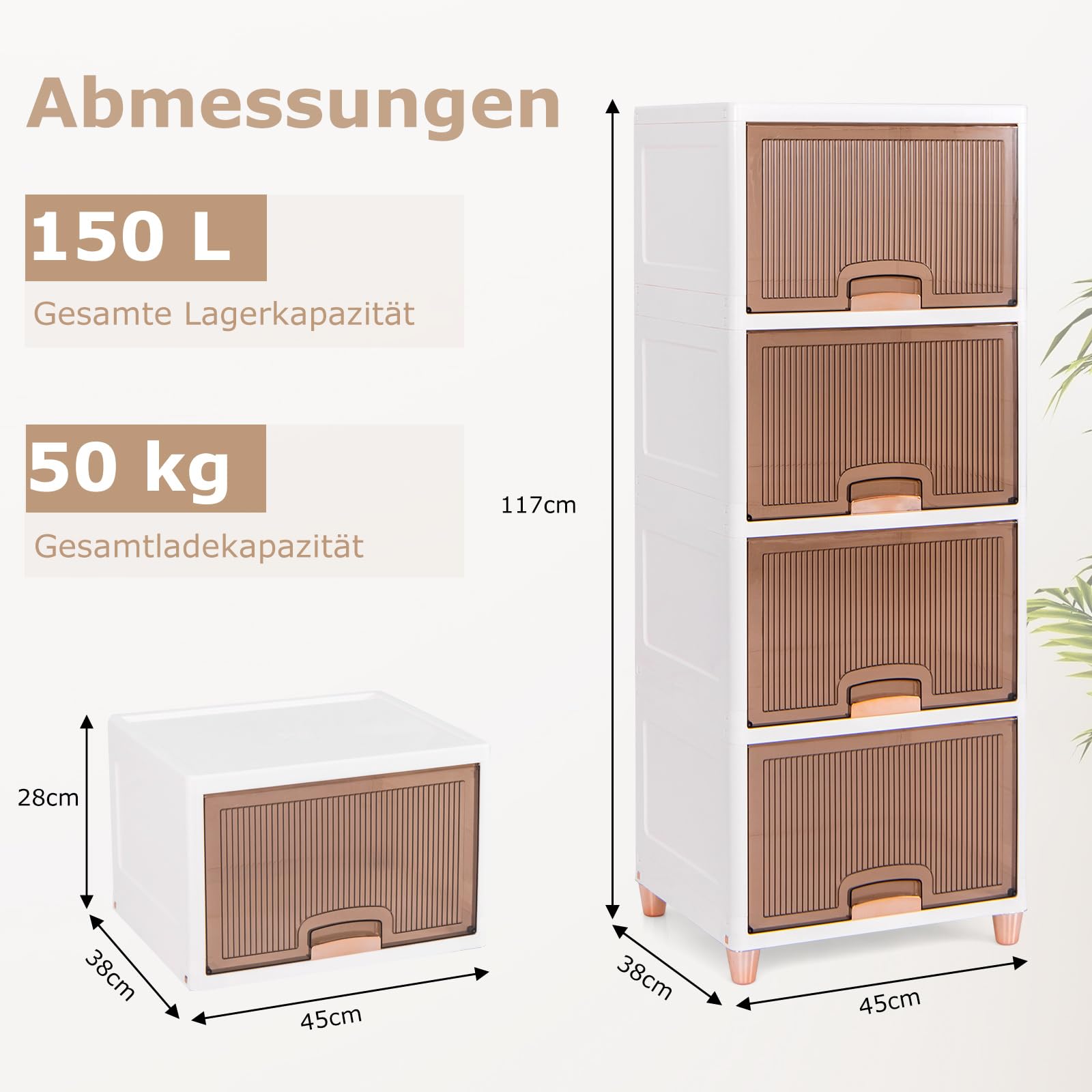 COSTWAY Aufbewahrungsbox 150 L, 4er Set Kunststoffbox stapelbare Vorratsbehälter, Boxen Aufbewahrungsbehälter mit magnetischen Türen und Holzbeine, 45 x 38 x 117 cm weiß Küche, Haushalt & Wohnen