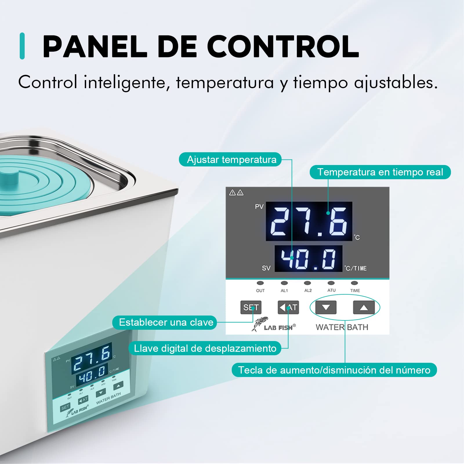 LAB FISH Baño María Baño de Agua Termostatico Laboratorio 6L, 600W - Doble Abertura, Acero Inox - Termostato Preciso ±0,1°C - Temporizador 0-999min - Pantalla LED