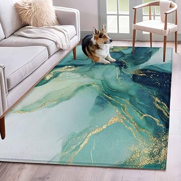 Turquoise Marble Area Rug 3x5 Washable Rug Non Slip Modern Abstract Art Aesthetics Large Area Rug Indoor Floor Carpet for Entryway Bedroom Kitchen Living Room Home Office Dining Room Nursery