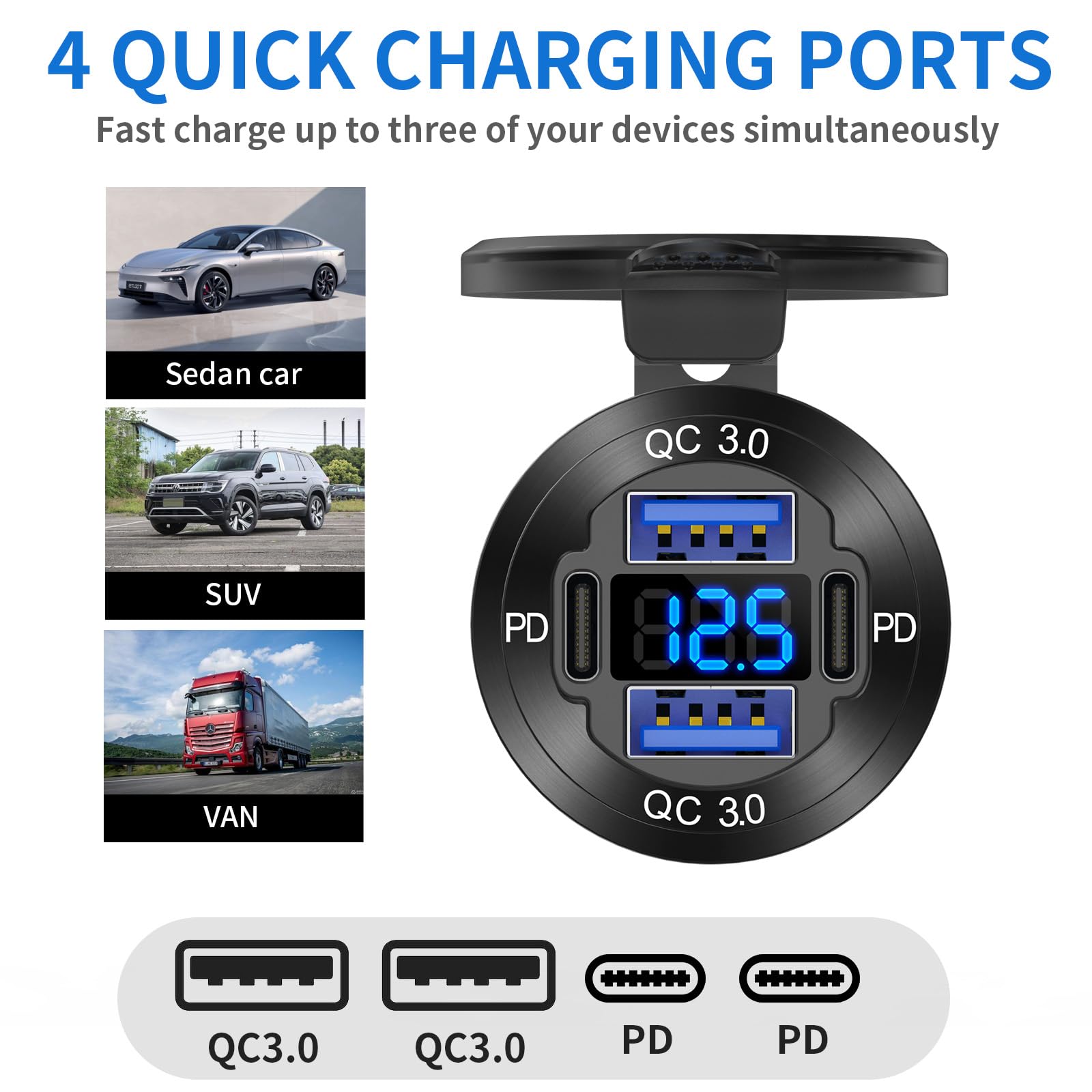Salida USB de 12 V, cargador de coche de 4 puertos PD3.0 y QC3.0