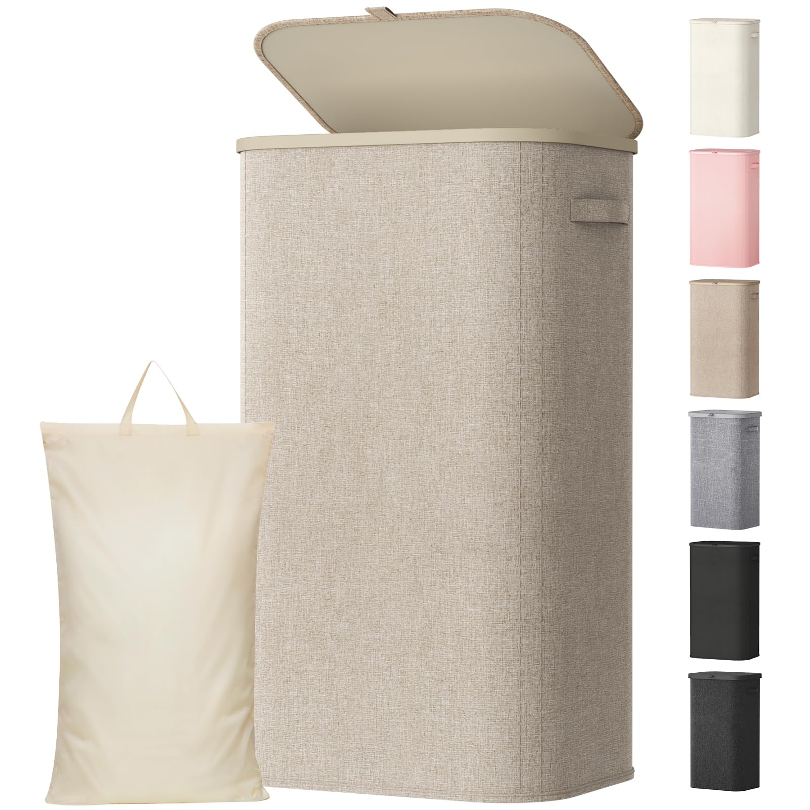 Lifewit 105L Wäschekorb mit Deckel hoher Wäschekorb mit Kunststoffrahmen faltbarer großer Wäschekorbsammler Wäschekörbe für Schlafzimmer Bad Beige