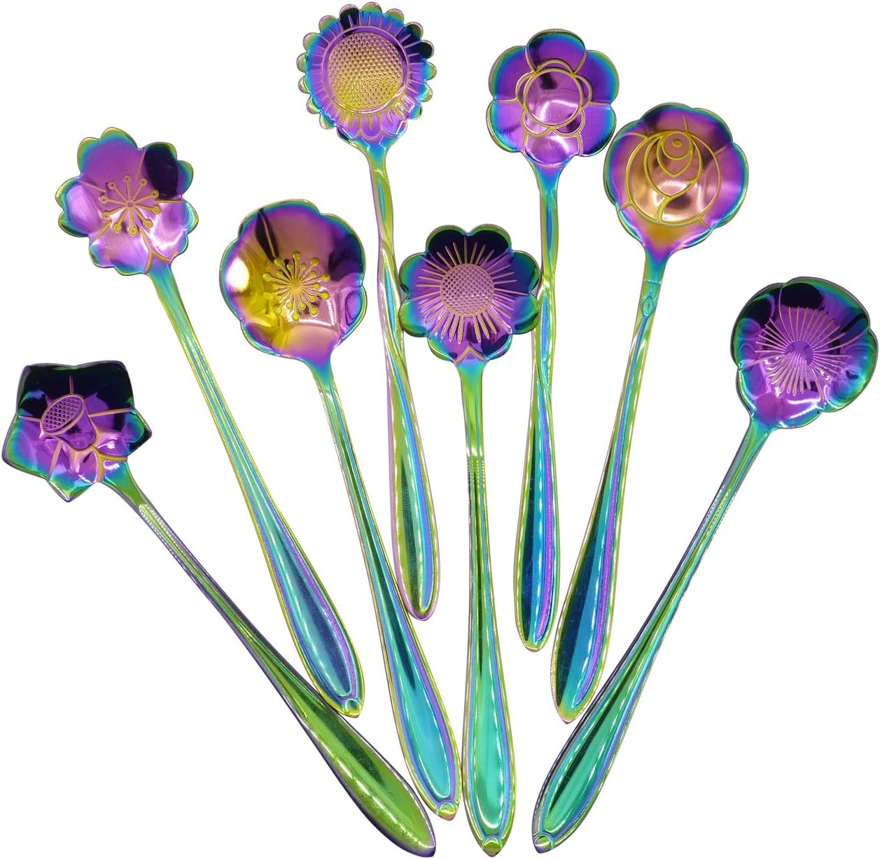 DGQ Flower Spoon Set - 8pcs Teaspoon Rainbow Color for Coffee Tea Mixing Sugar Ice Cream Stir Bar Spoons - 8 Diffient Pattern Colorful Mini Cutlery Set