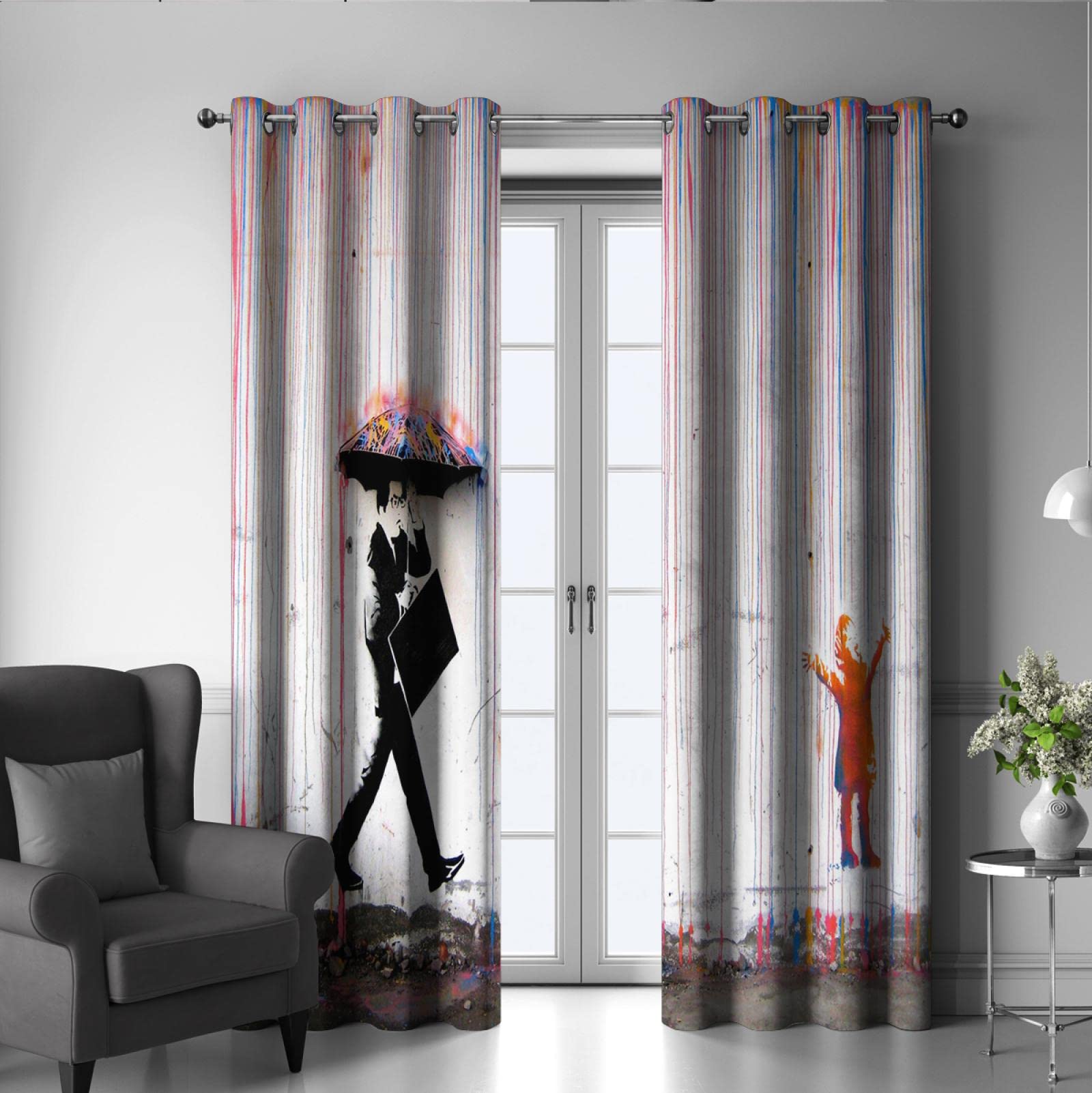 Cortinas Opacas para Dormitorio - Grommet Habitación con Aislamiento térmico Oscurecimiento Banksy Rainbow Cortinas de Lluvia para Sala de Estar Juego de 2 Paneles H160xB135
