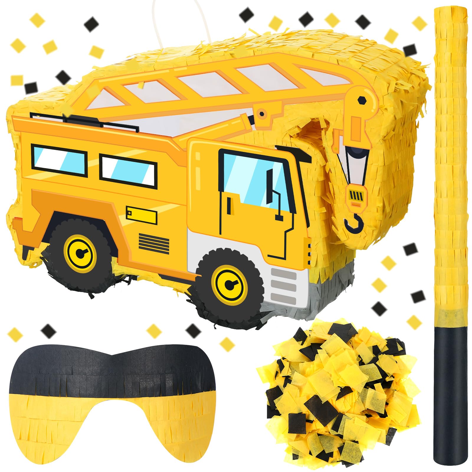 Construction Truck Pinata for Kids Excavator Dart Small Pinata Birthday Party Supplies Bundle with Blindfold Bat and Confetti Number Crane Tractors Pinata for Boys Party Supplies (Crane)