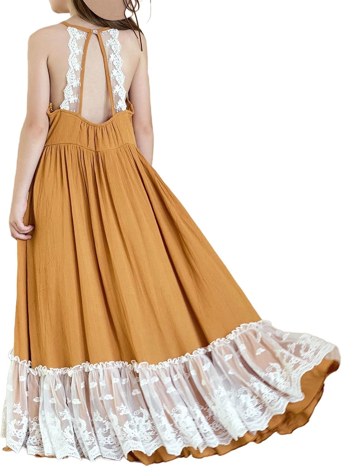 Girl's Summer Sundresses Spaghetti Strap Solid Ruffle Maxi Dress Casual Beach Dresses Formal Party Dress