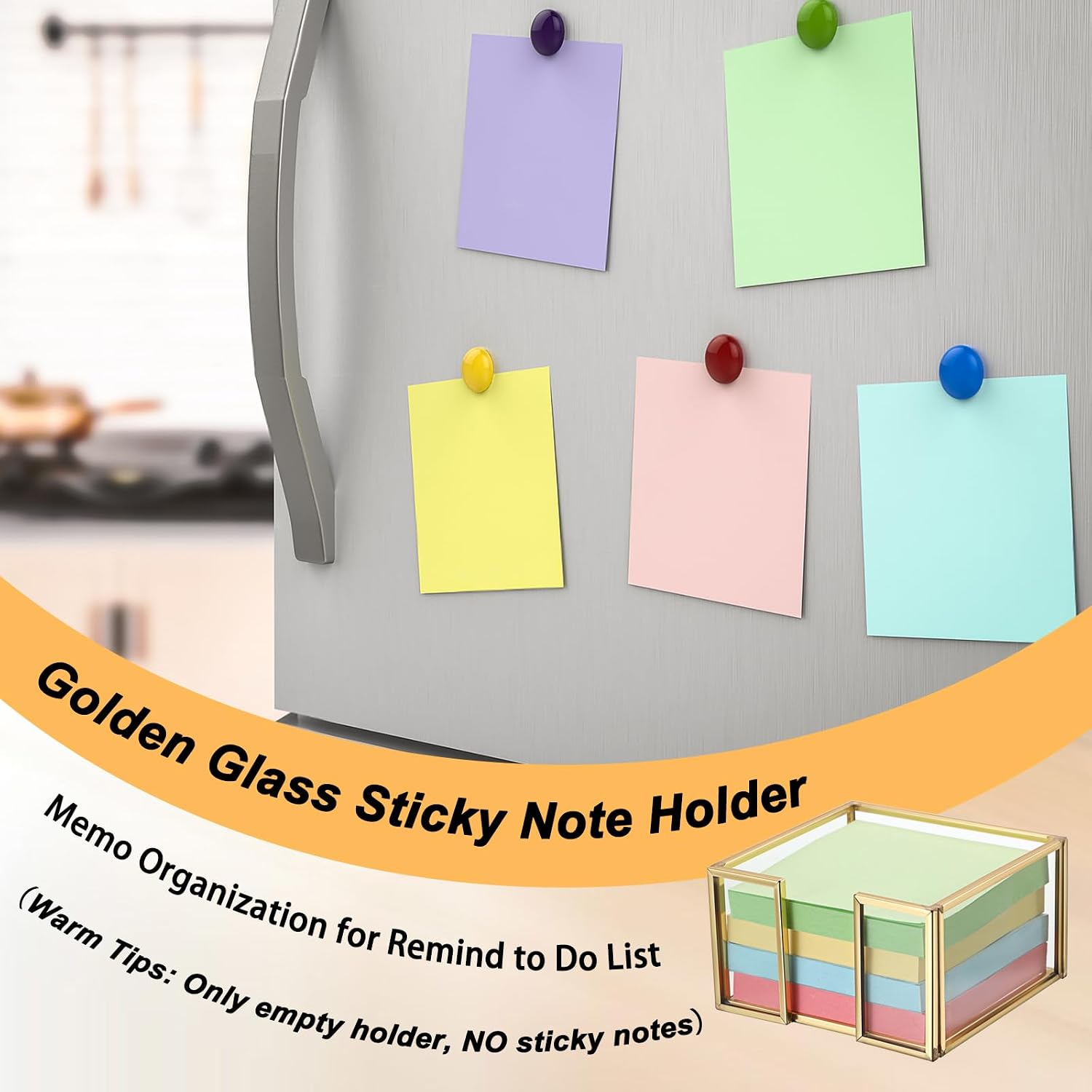 BTSKY Golden Glass Sticky Note Holder for 3x3 Inch Sticky Notes | Elegant Post It Note Dispenser with Non-Slip Pads Clear Notepad Holder for Desk Organization Planning, Home Office Decor