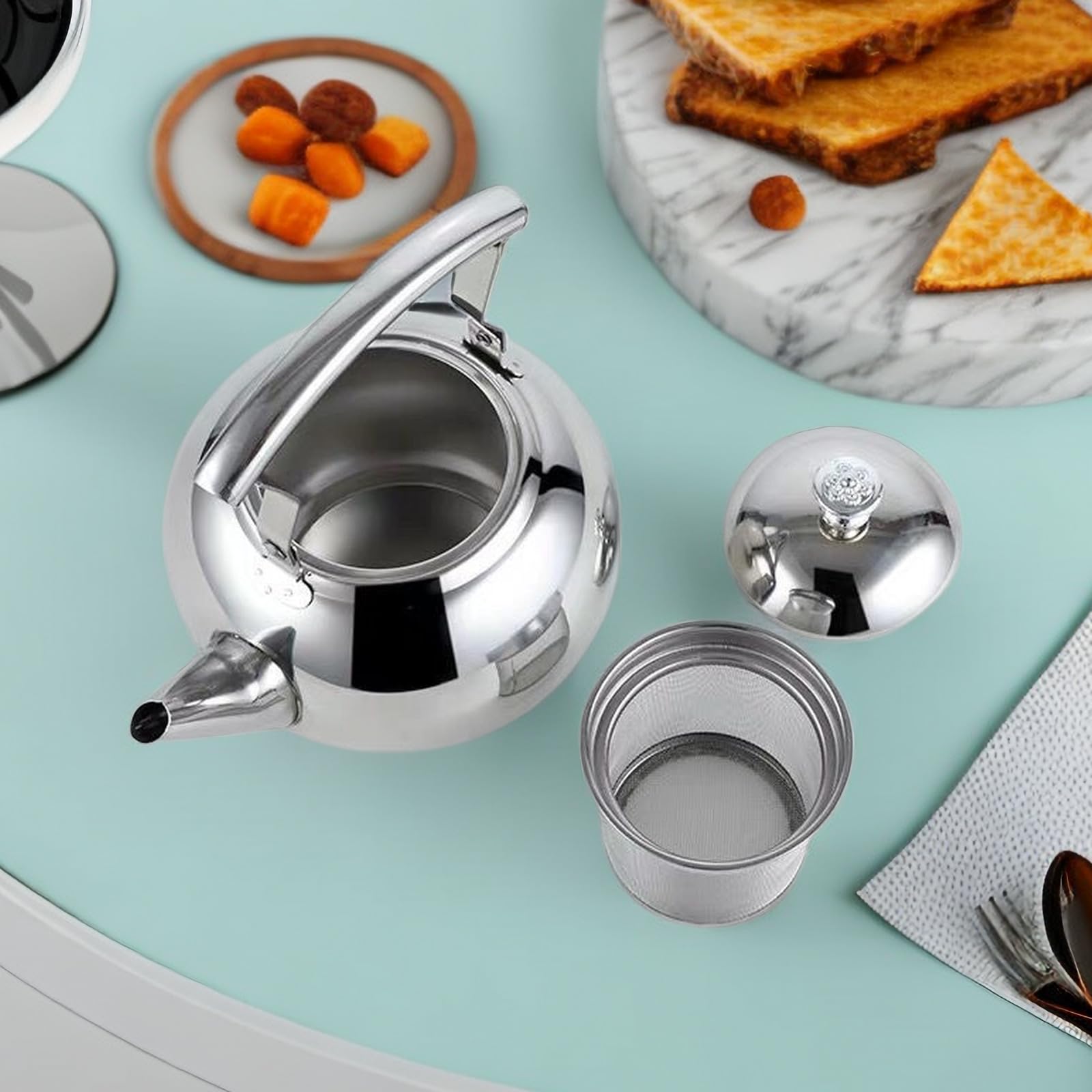 Tetera de acero inoxidable de 1500 ml para estufa, tetera de té plateada con infusor extraíble, caldera de agua caliente para té, leche, café, apta para lavavajillas