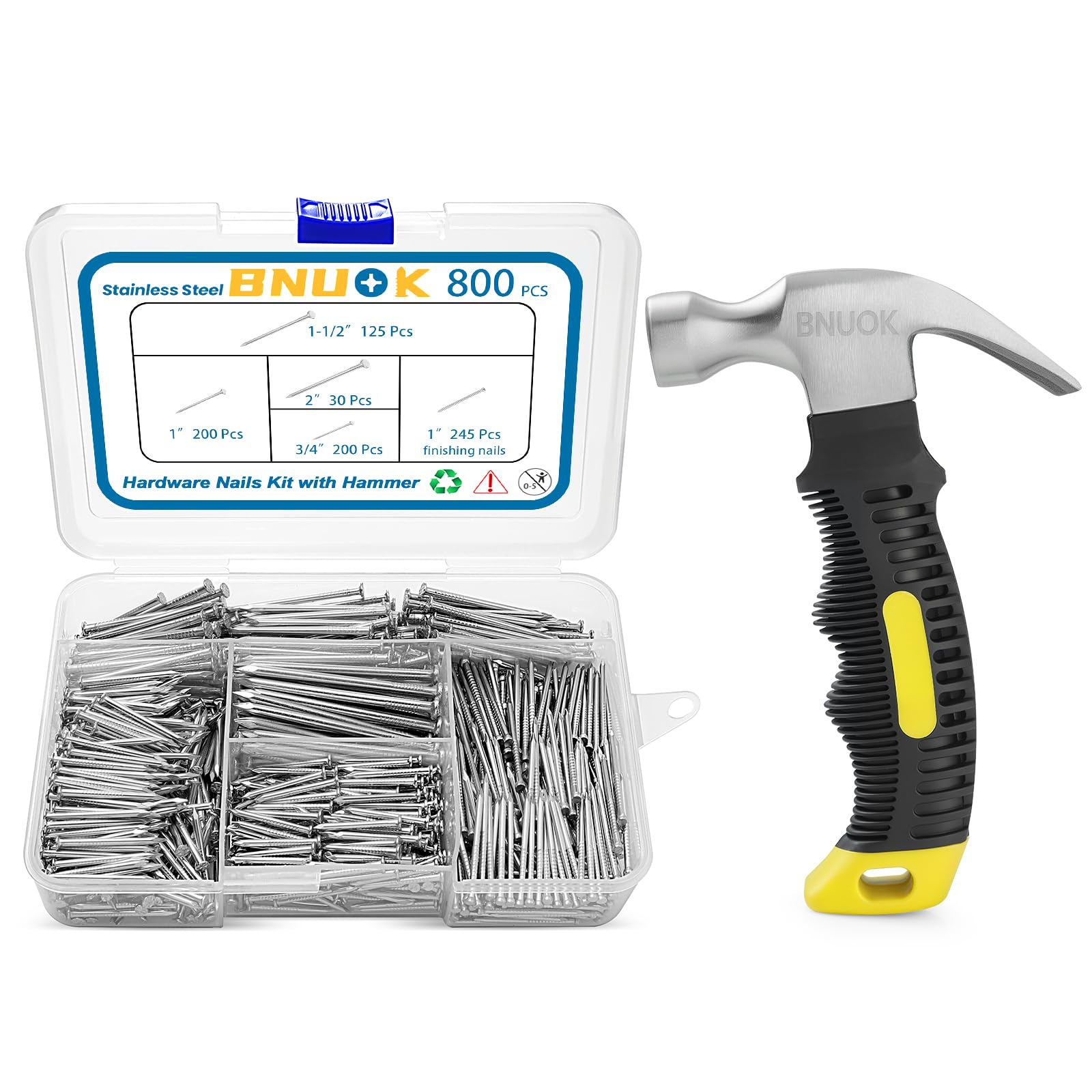 BNUOK Hardware Nails Assortment Kit and 8oz Small Hammer, 800 PCS Nails for Hanging Pictures,Hammer and Nail Set, Small Hammers for Picture Hanging