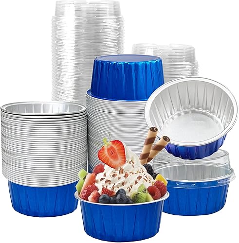 100 vasos de aluminio con tapas, 5 onzas desechables Ramekin para hornear, moldes para magdalenas, mini moldes de aluminio para cupcakes para fiesta