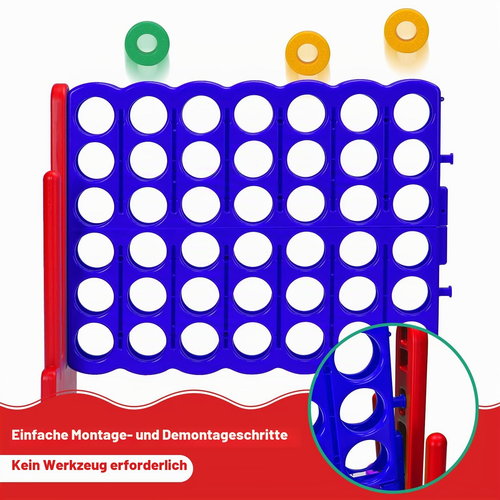 Riesiges 4 Gewinnt Spielset mit Wurfspiel und Basketballkorb, inkl. 42 Jumbo Ringen und Schieberegler zum schnellen Neustart, Vier in Einer Reihe Spiel groß (Blau + Rot)