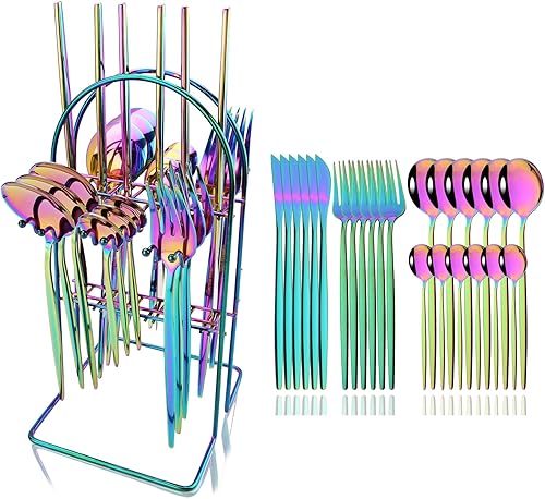 Miniatura 22 de JASHII Juego de cubiertos de 24 piezas con tenedores y cucharas con soporte, juego de cubiertos de metal de titanio negro y chapado en oro, acero