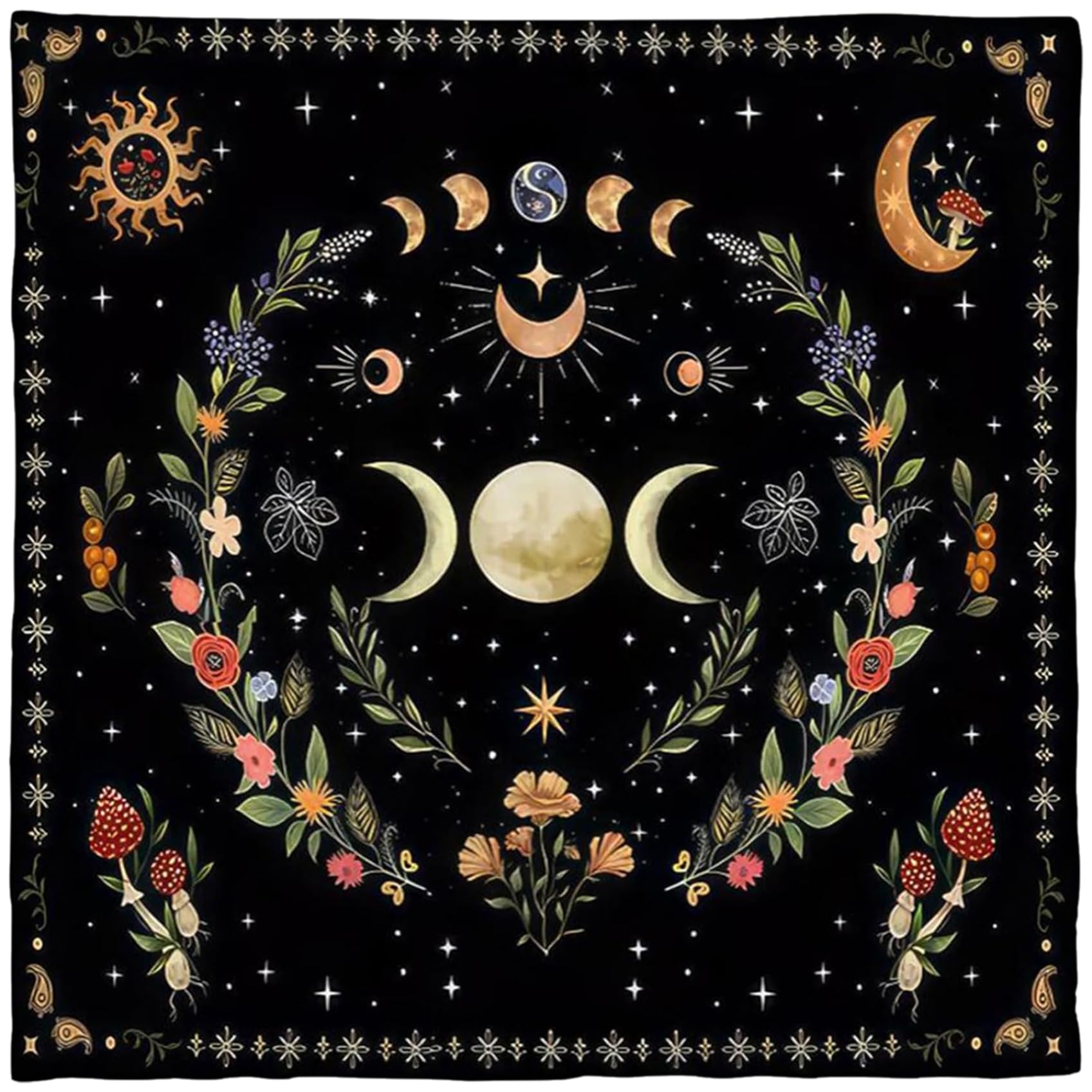 CAKEEYUM Altar Cloth, Moon Phase Flower Astrology Tarot Cloth, Flannel Divination Tarot for Reading, 29.53x29.53 Inch Square Card for Witchcraft Accessories Altar,