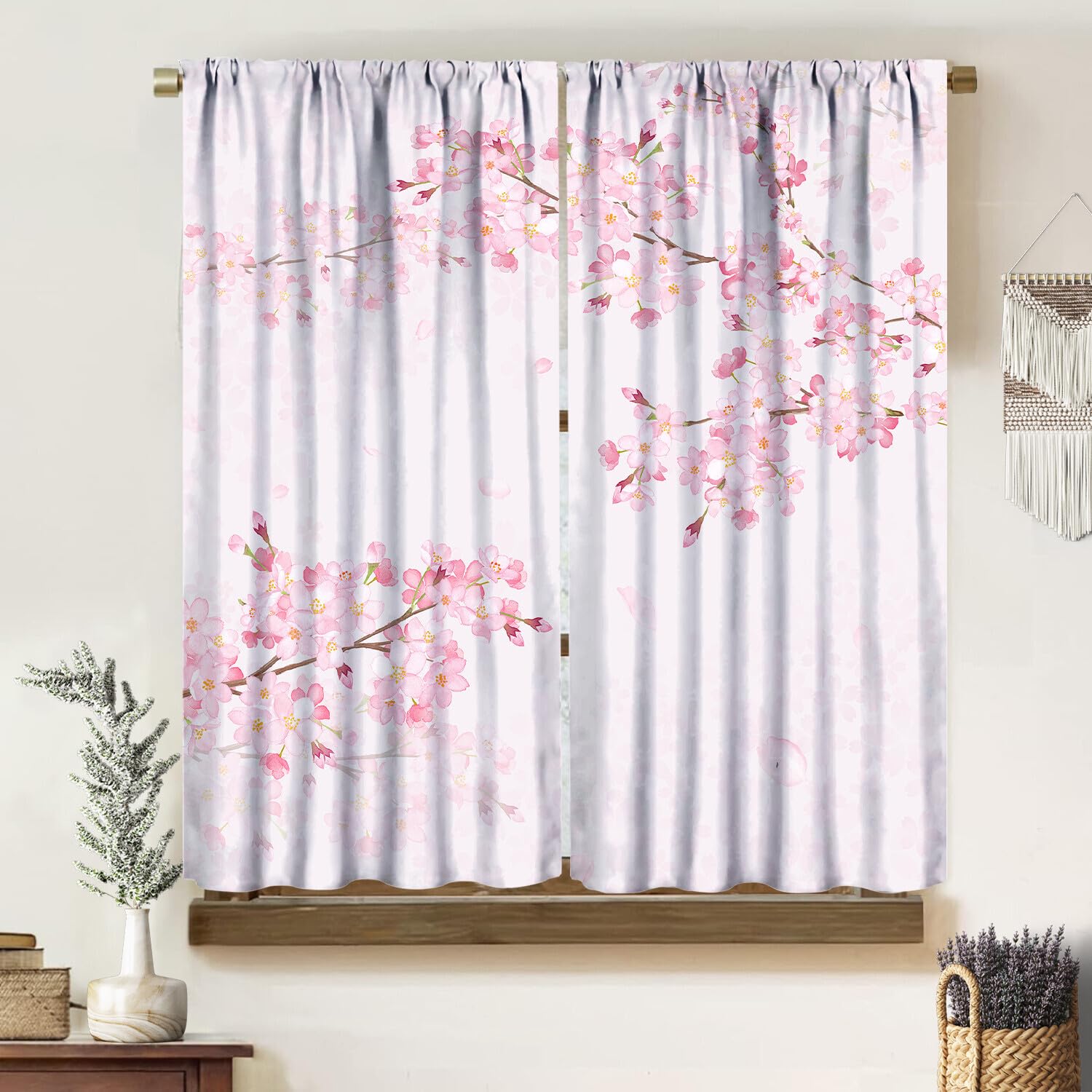 Japan Cherry Bloom Curtains, Pink Exotic Modern Minimal Dreamy Abstract Art Watercolor Vibrant Floral Pattern Window Treatments, Blackout Rod Pocket Drapes For Living Room Bedroom Bathroom 42x45in