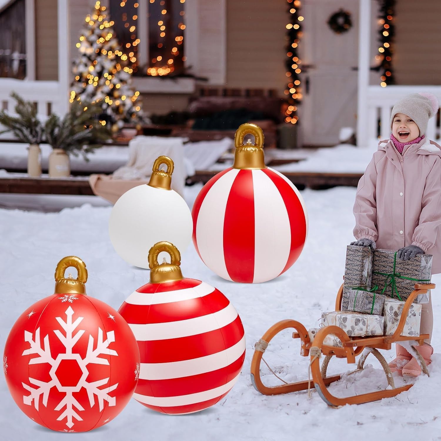 4Pcs Large Inflatable Ornaments Christmas Balls Giant PVC Decorated Ball 24/18/12 Inch Red and White Stripes Snowflake Xmas Party Supplies Blow Up Yard Decor for Xmas Garden Lawn Porch Indoor Outdoor