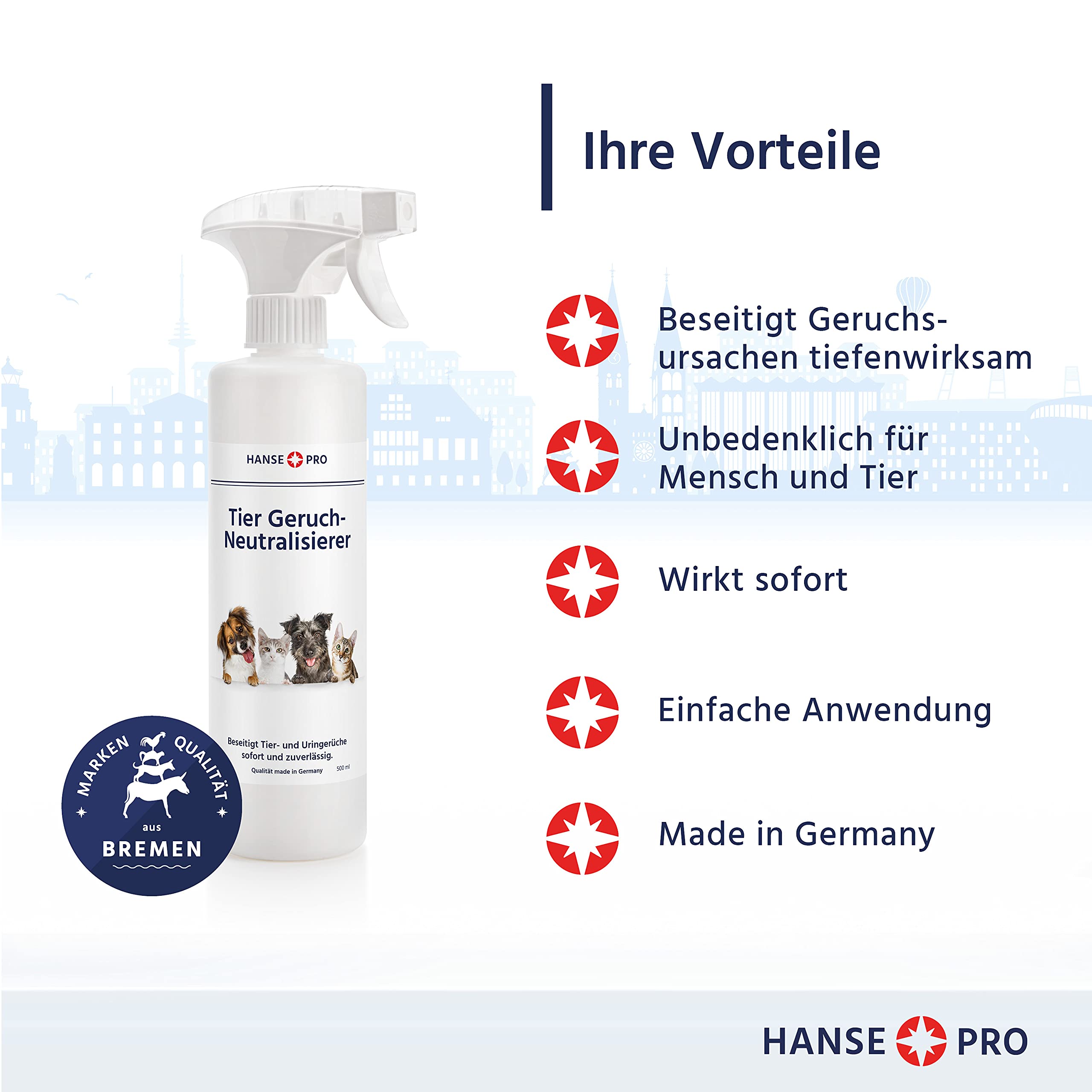 Hanse Pro Tier Geruch-Neutralisierer, 4 x 500 ml I Geruchs-Entferner I Fleckenentferner I Geruchskiller I beseitigt Gerüche von Tieren, Katzen-Urin, Hunde-Urin