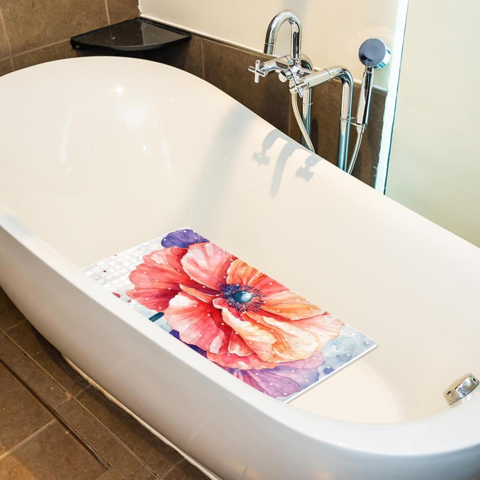 Badematte für Badewanne, Motiv: Aquarell-Blumenmalerei, rutschfest, rechteckig, Duschmatte mit Saugnäpfen, maschinenwaschbar, Badezimmermatte, 39,9 x 70,9 cm