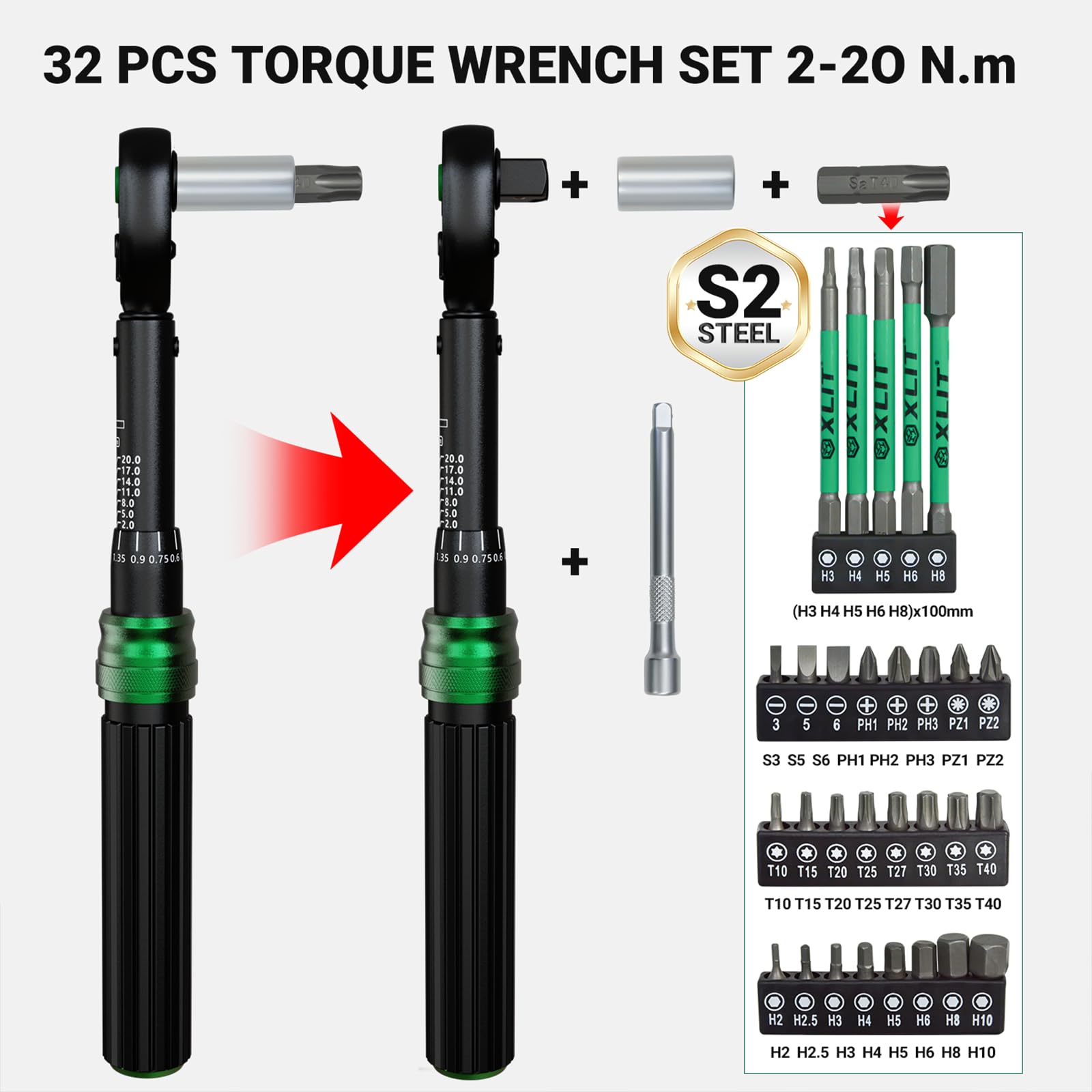 Przenośny zestaw kluczy dynamometrycznych do roweru – 32-częściowy zestaw kluczy dynamometrycznych 1/10.2 cm 2-20 Nm z bitami, szczelinowymi i przedłużającymi, dokładność ± 3% 72-zębowa