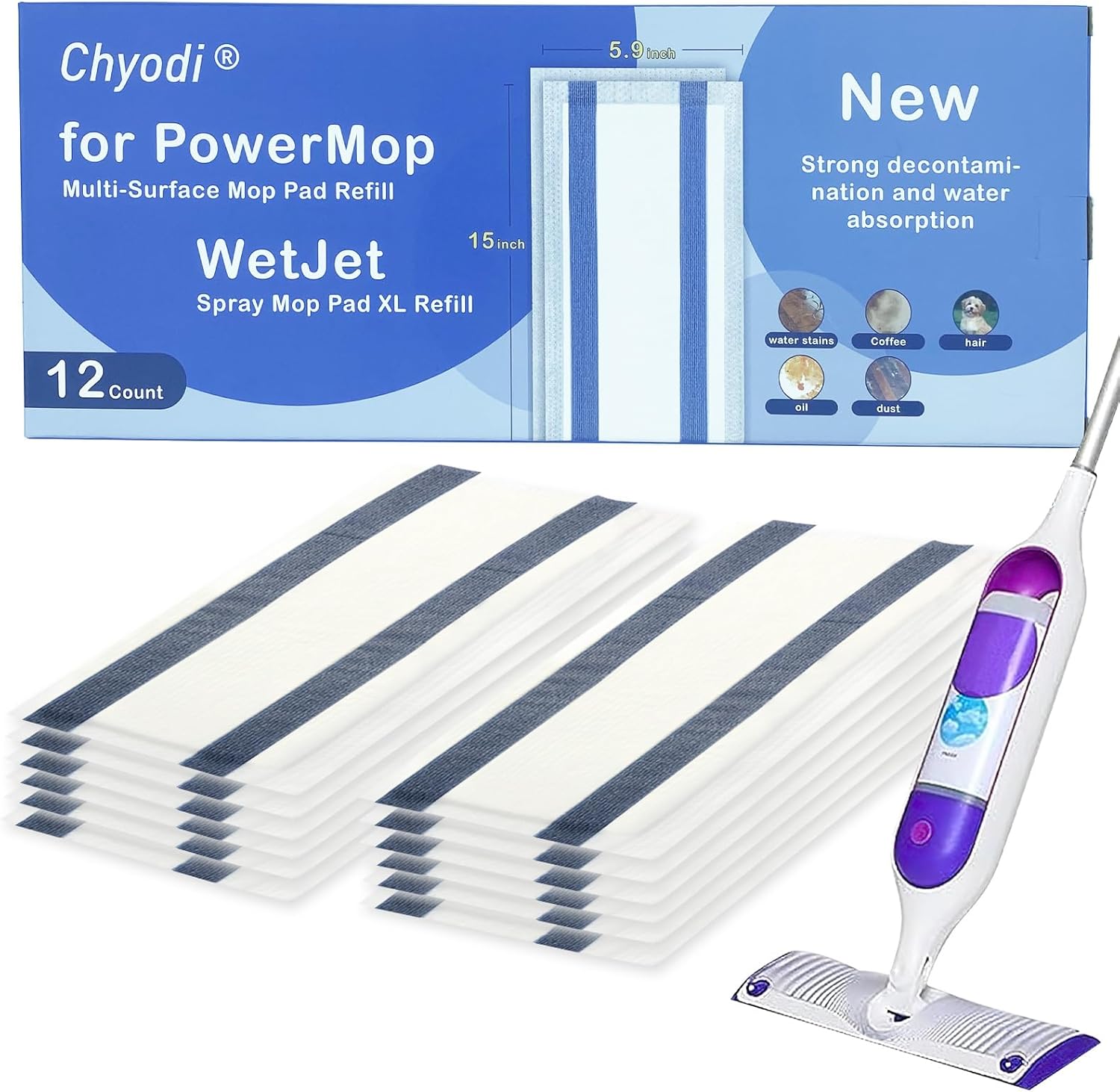 12 Count Disposable Mop Pads for Swiffer WetJet Spray Mop/Power Mop,for Bona Mop, Powerful Stain Removal Effortlessly Cleans Hardwood, Tile and Laminate Floors 12P New Disposable