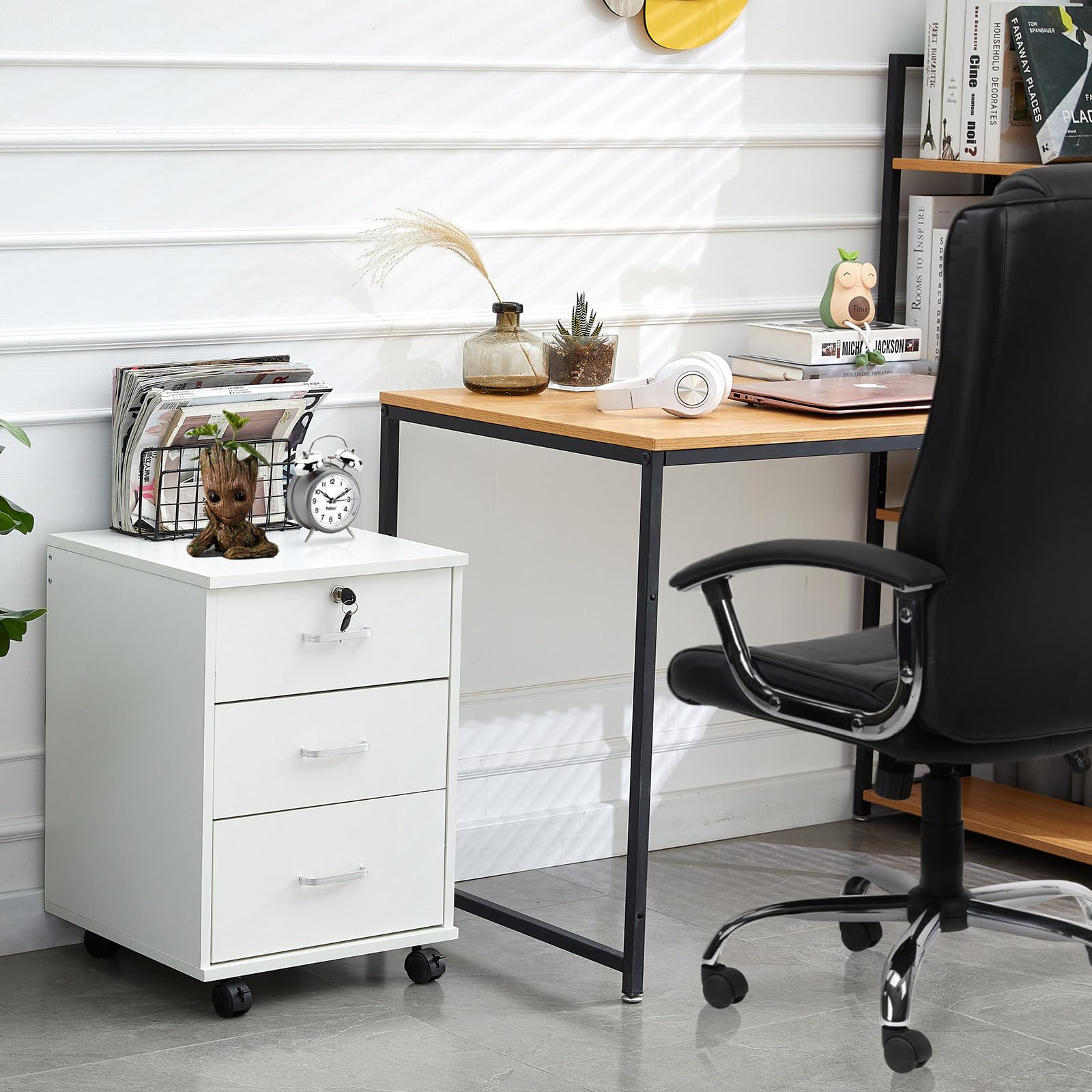 LEMROE Archivador móvil de 3 cajones con cerradura y ruedas, estilo industrial, archivador de madera para oficina en casa (blanco, 3 cajones)