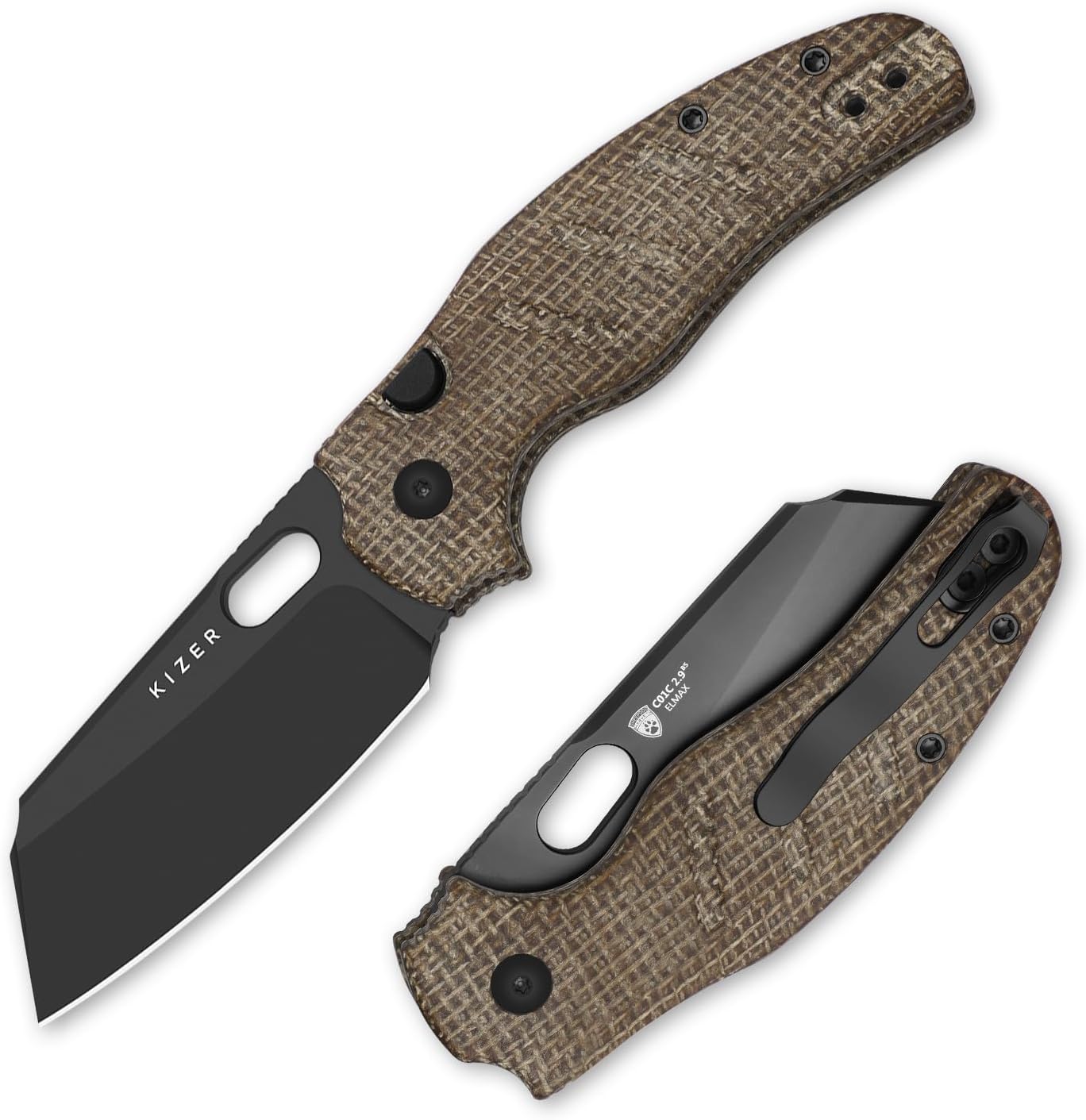 Kizer C01C 2.9 BS Sheepdog Pocket Knife, 2.95" Elmax Sheepsfoot Blade Folding Knife with Brown Norplex UltreX™ Micarta Handle, Small EDC Camping Survival Knives with Thumb Hole, Ki3488.29BSA2